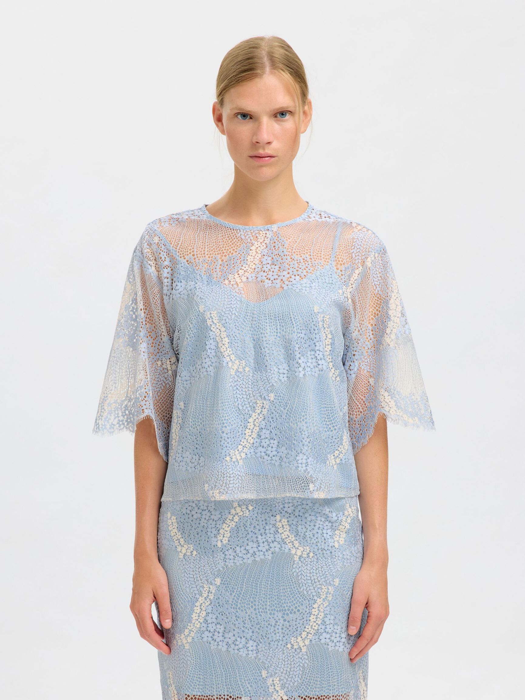 LACE CROPPED TOP, Cashmere Blue, highres
