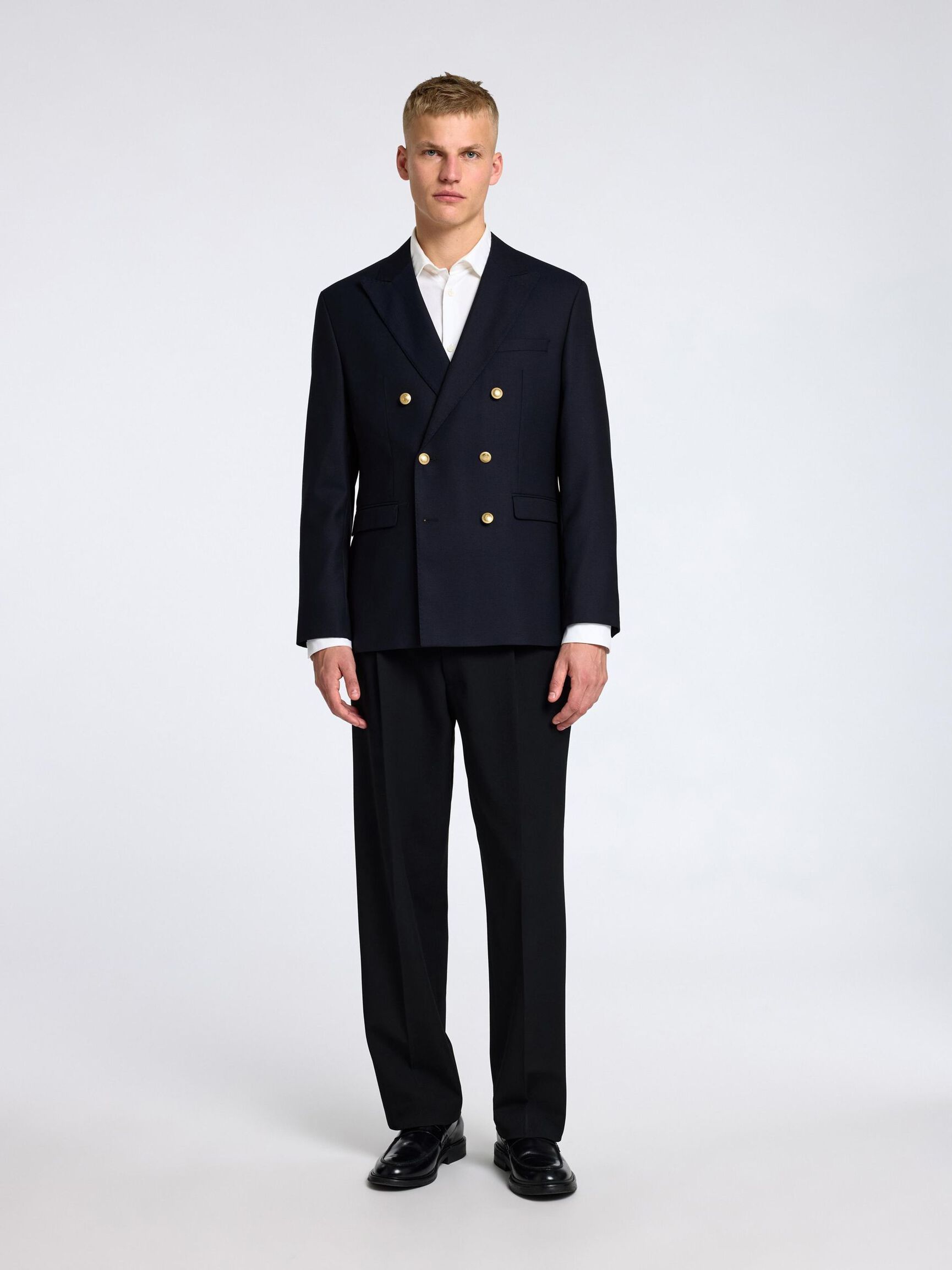 DOUBLE BREASTED WOOL BLEND  BLAZER, Dark Navy, highres