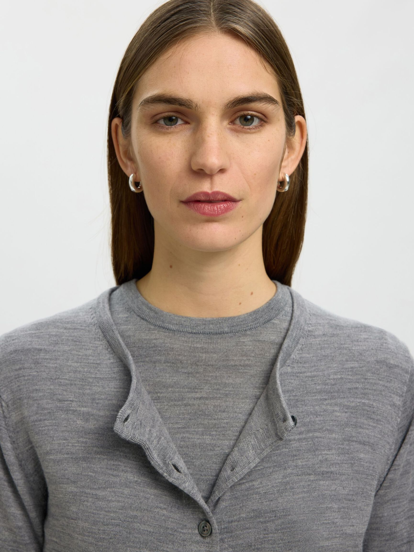 100% MERINO WOOL KNITTED CARDIGAN, Medium Grey Melange, highres