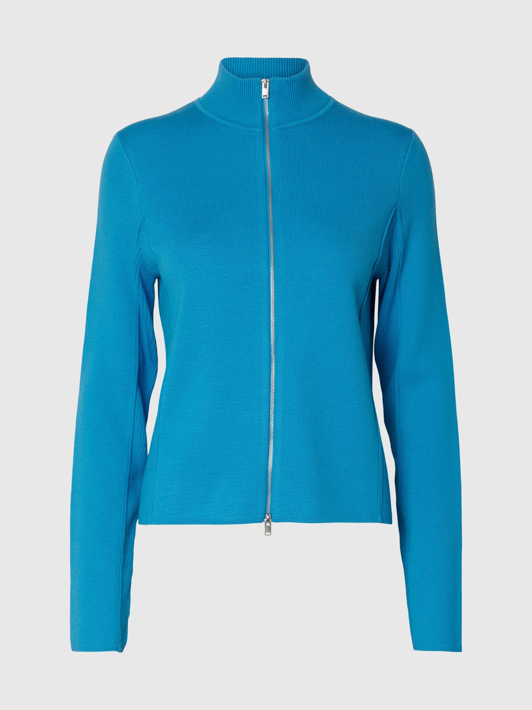 100% MERINO WOOL ZIP-FRONT CARDIGAN, Malibu Blue, highres