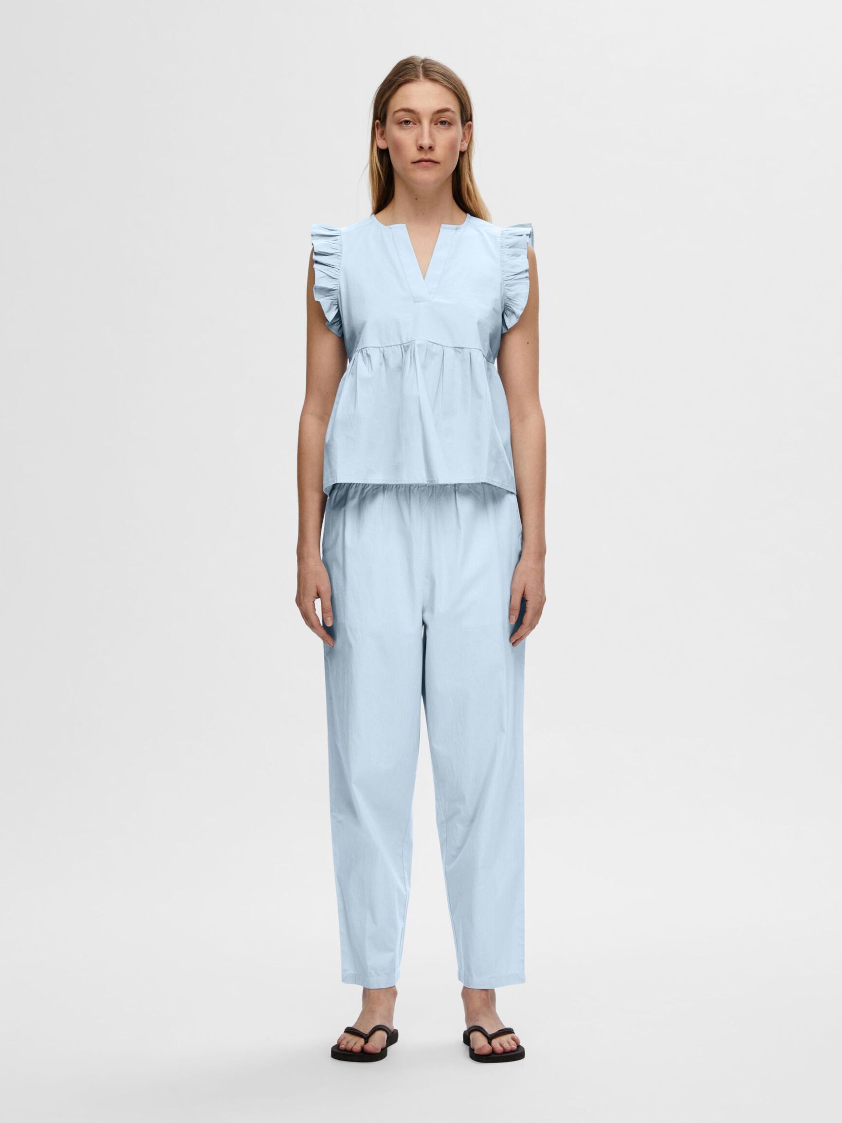 COTTON HIGH WAISTED TROUSERS, Cashmere Blue, highres