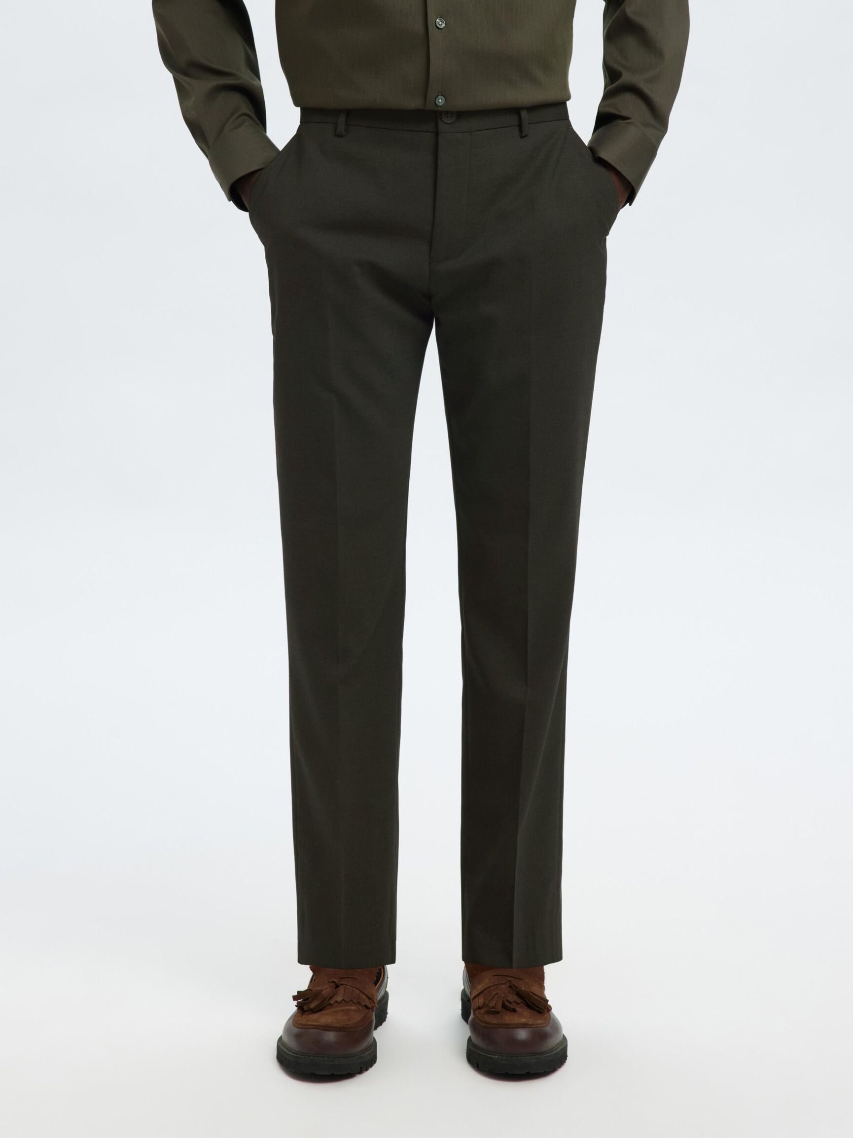 WOVEN WOOL BLEND TROUSERS, Dark Green, highres