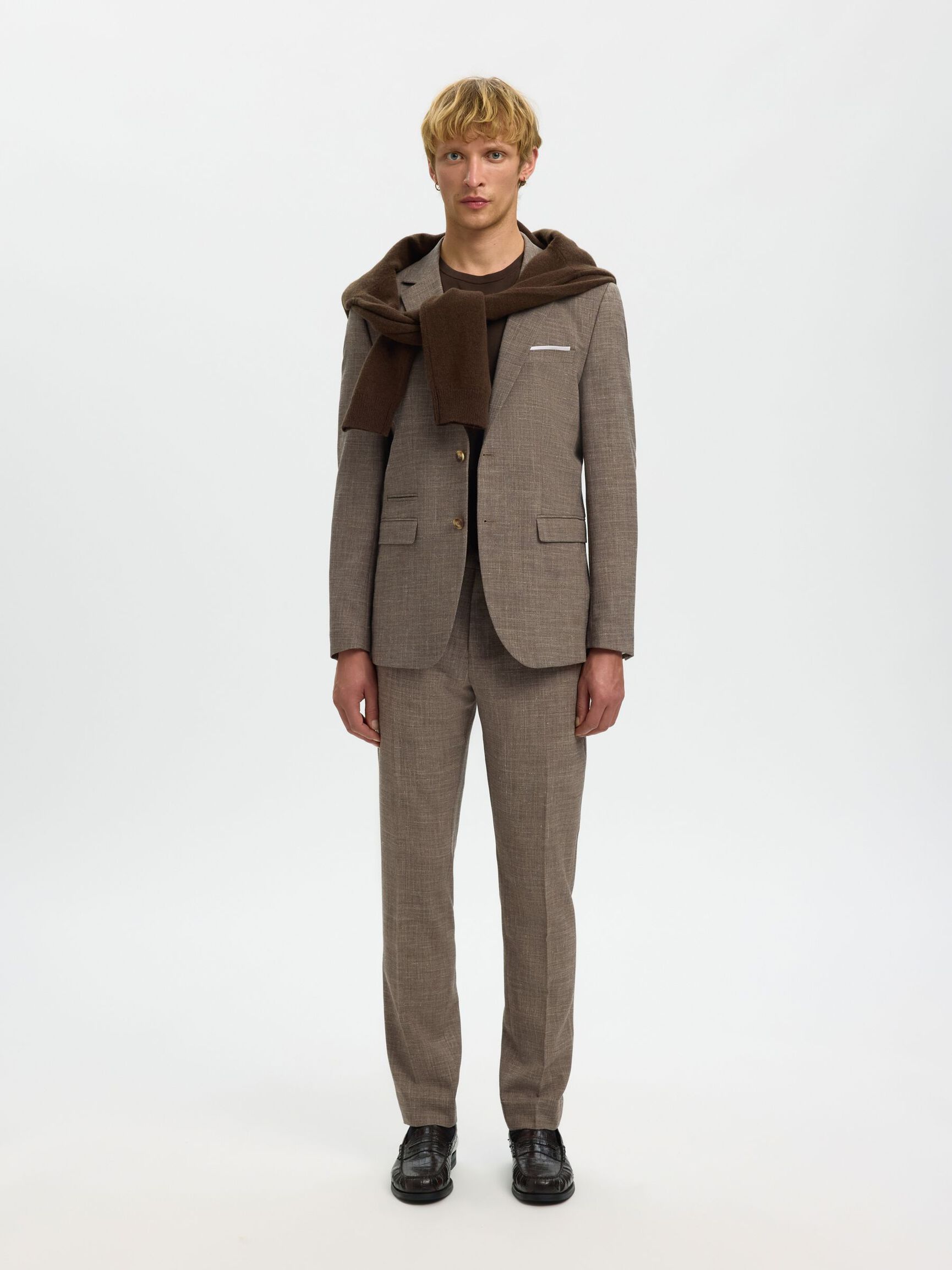SLIM FIT SINGLE-BREASTED BLAZER, Dark Sand Melange, highres