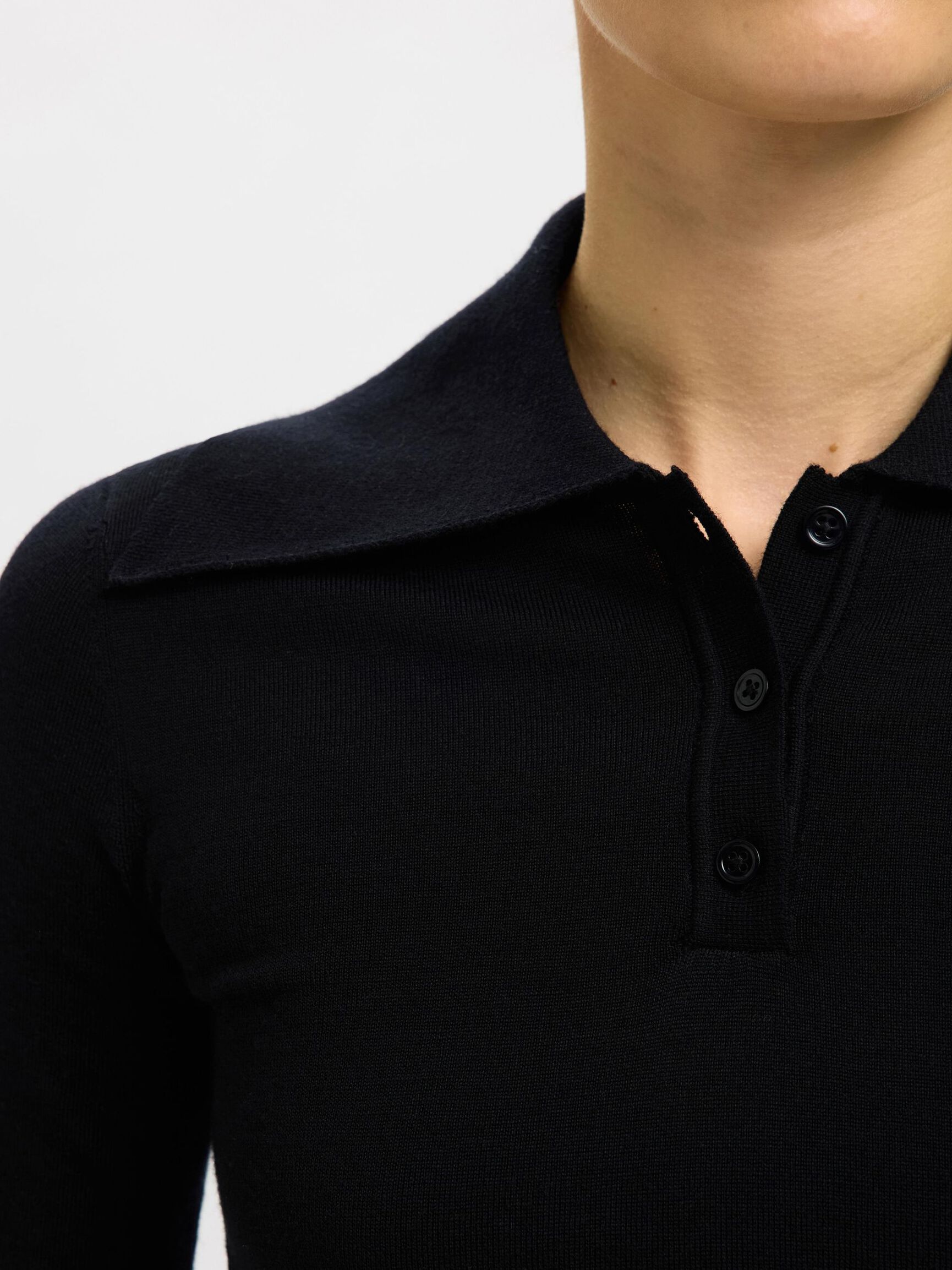 100% MERINOULD STRIKKET POLOSHIRT, Black, highres