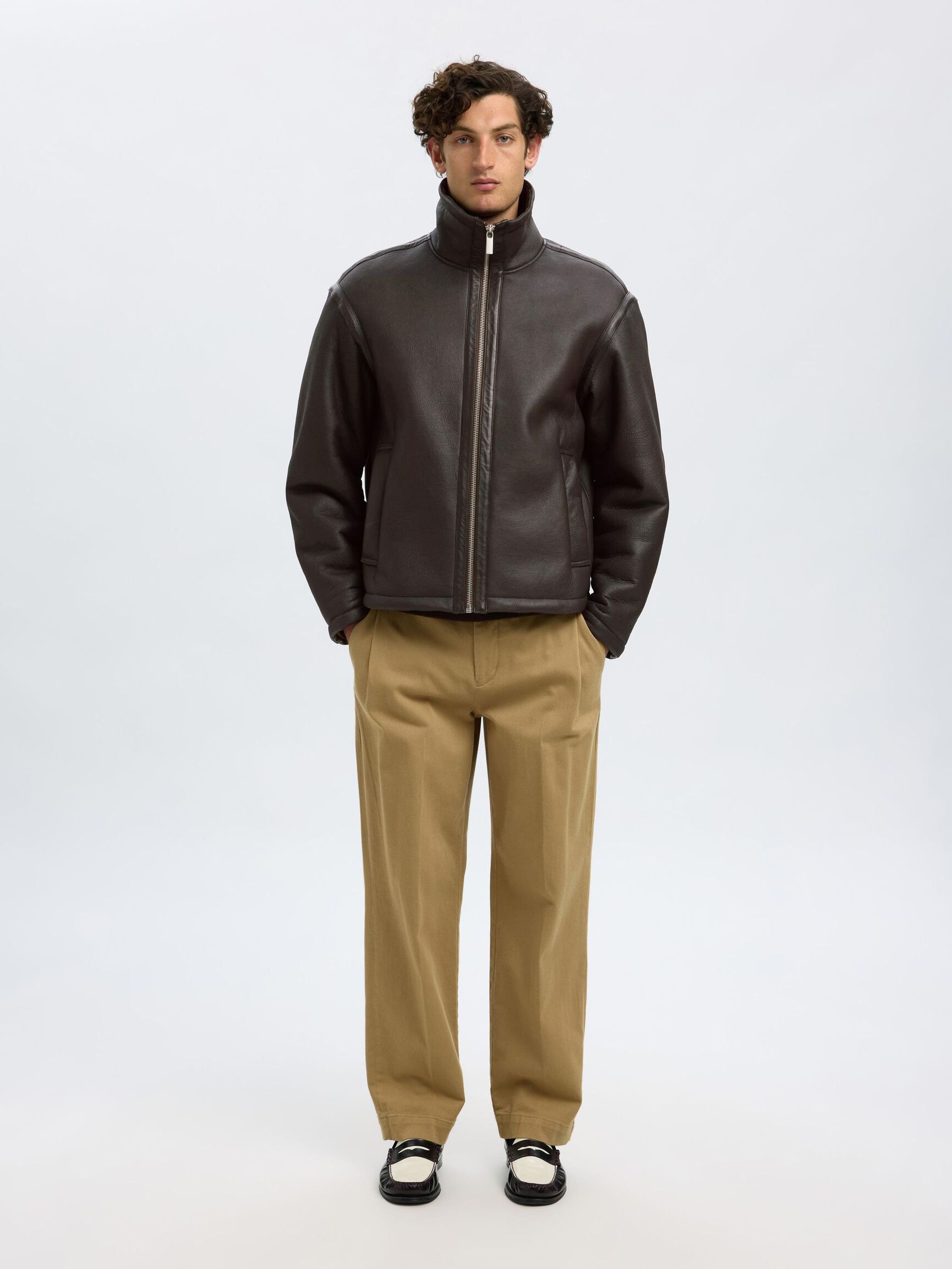 SHEARLING LÆDERJAKKE, Demitasse, highres