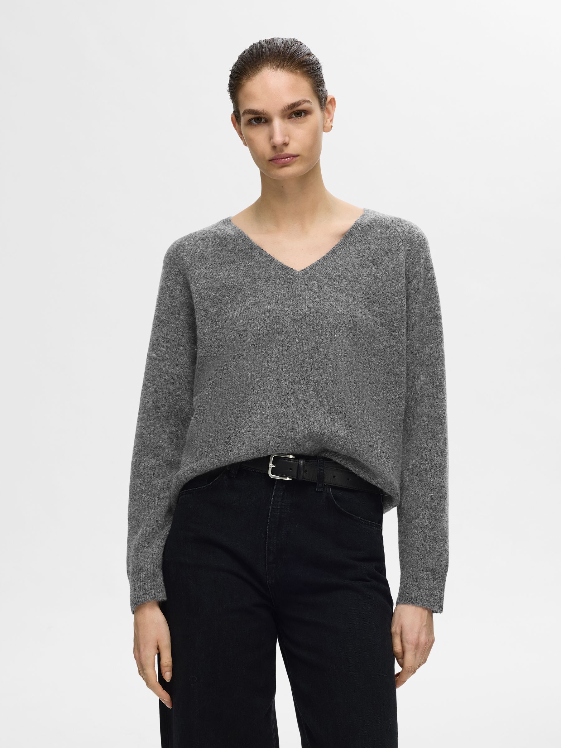 WOOL BLEND V NECK PULLOVER, Medium Grey Melange, highres