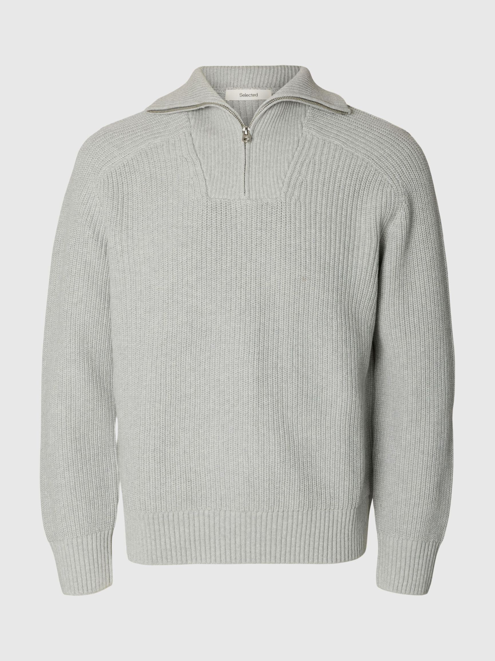 RIBBED ORGANIC COTTON HALF-ZIP JUMPER, Light Grey Melange, highres