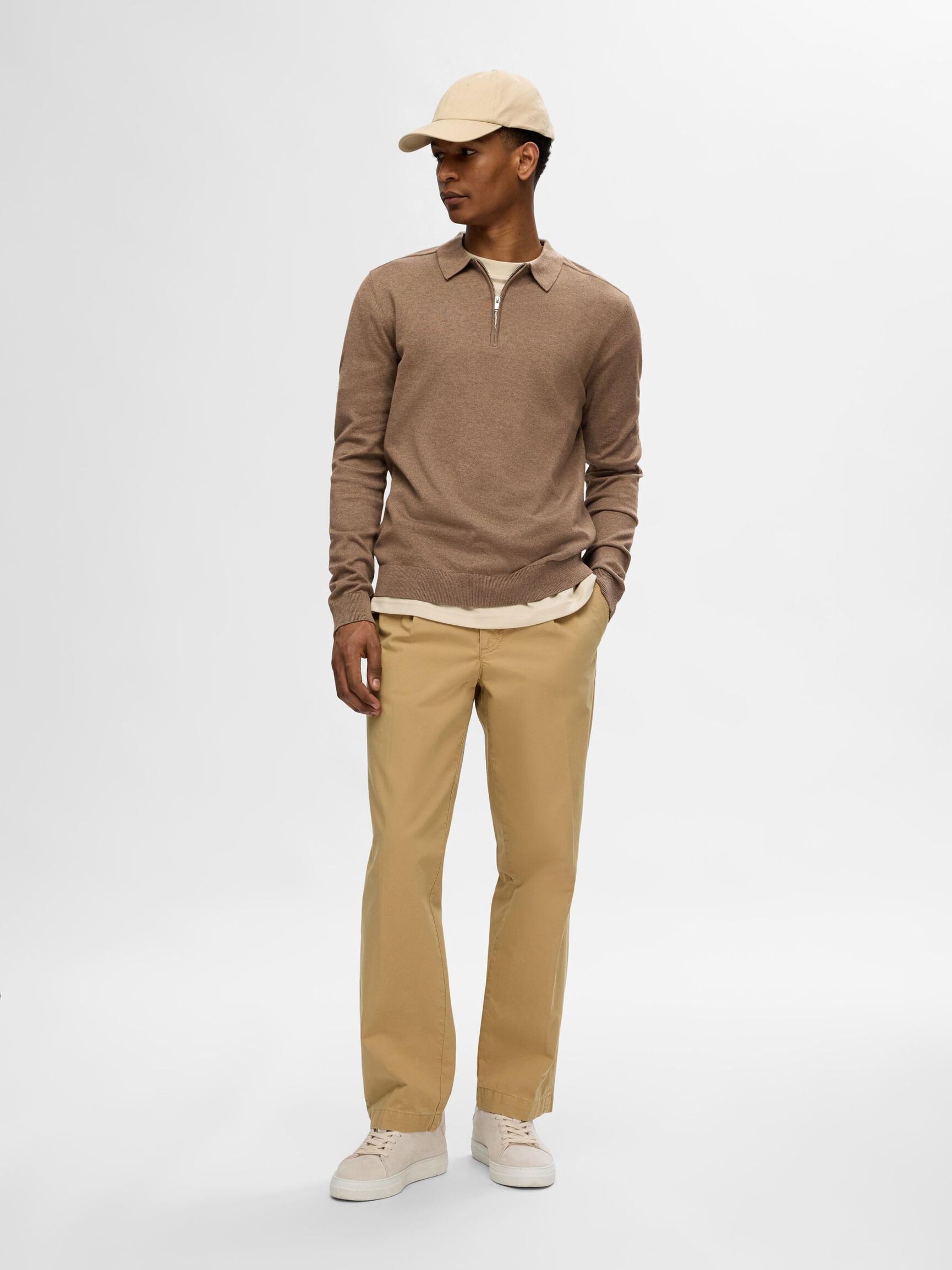 KNITTED LONG-SLEEVED POLO, Teak, highres