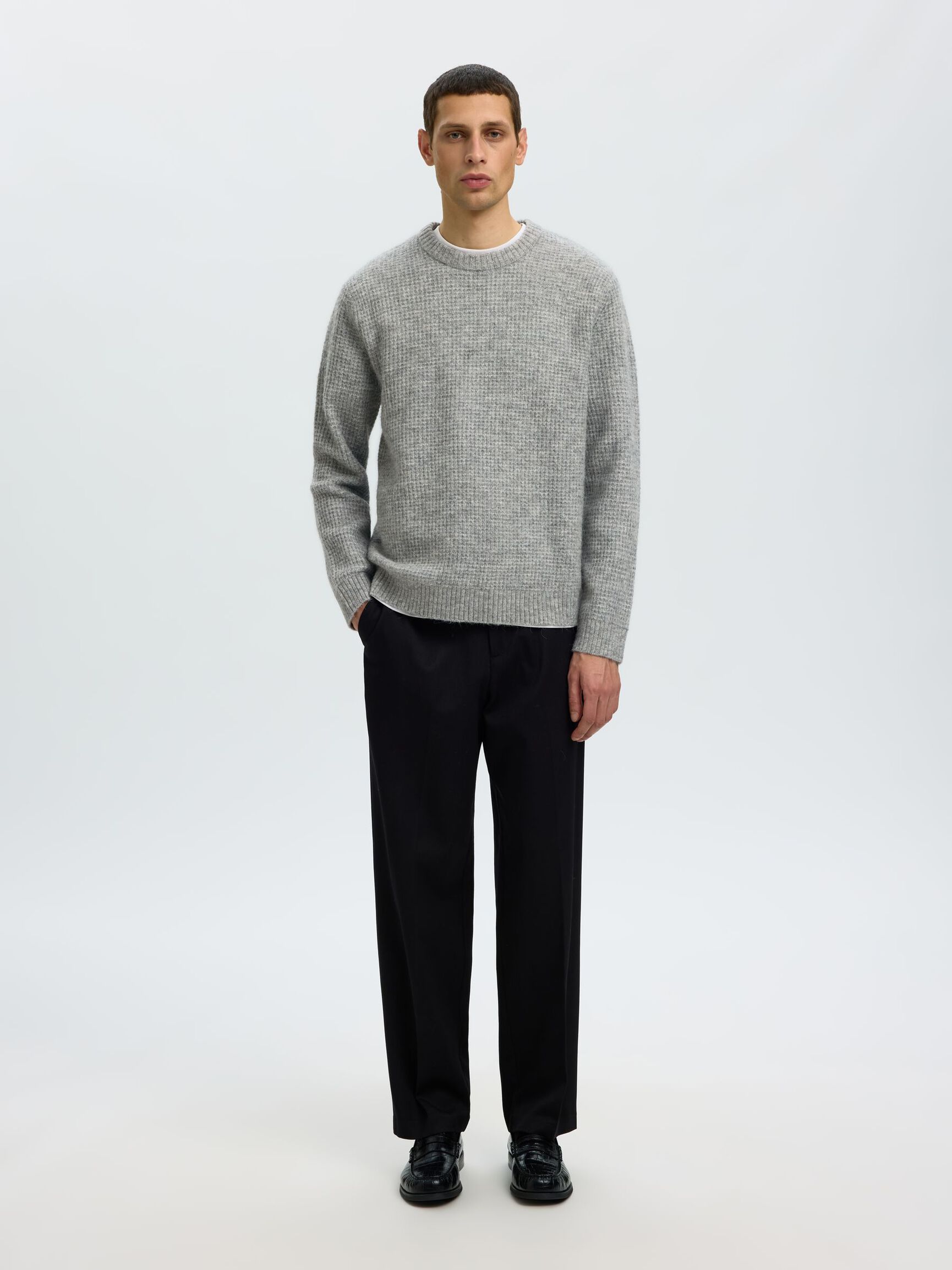 WAFFLE KNIT JUMPER, Light Grey Melange, highres