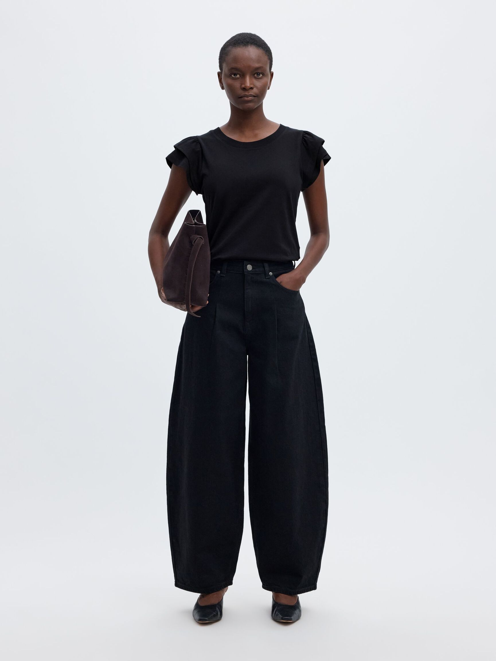 COTTON RUFFLED T-SHIRT, Black, highres