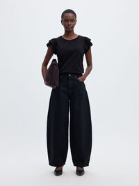 COTTON RUFFLED T-SHIRT, Black, highres