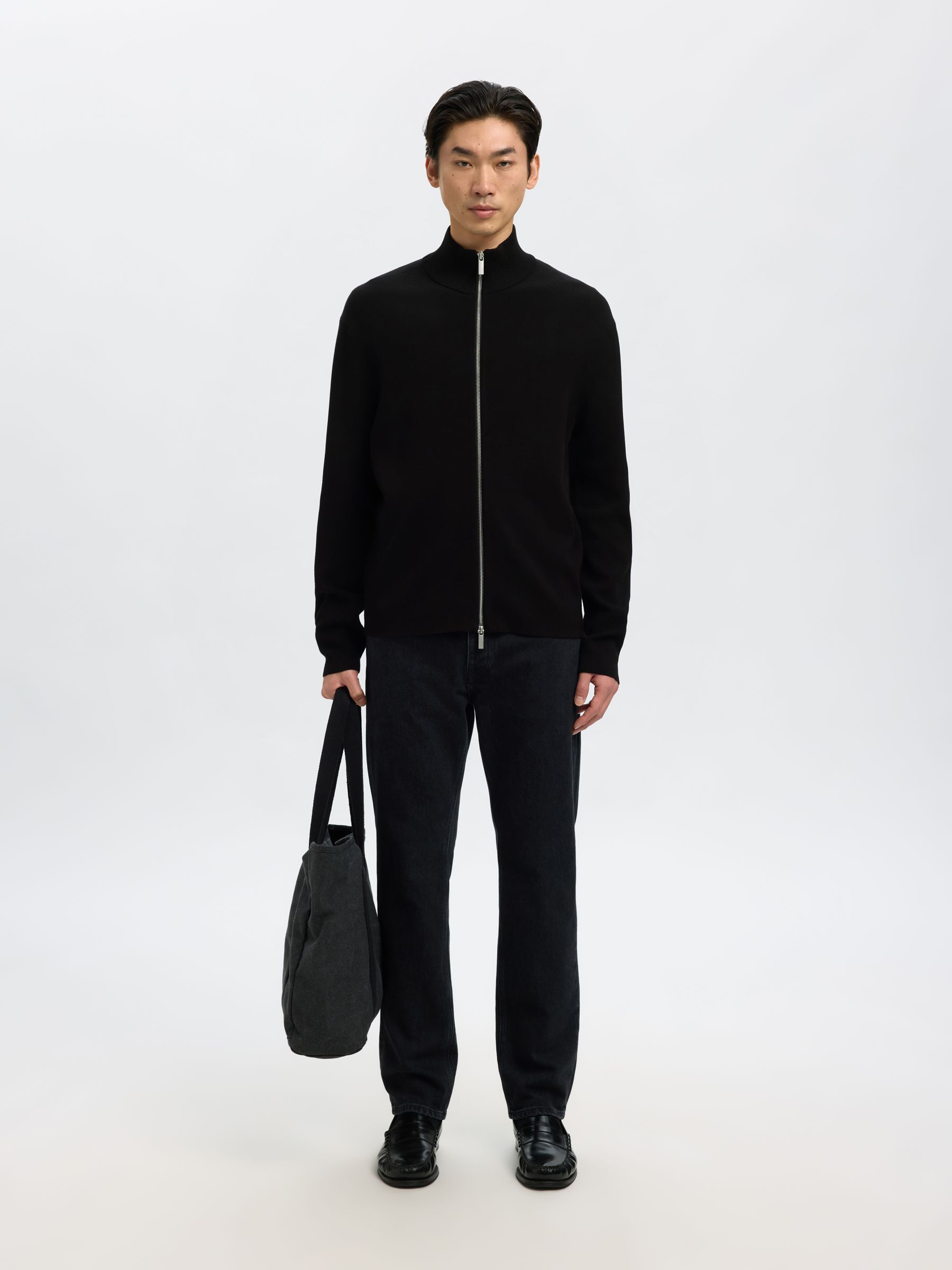 RELAXED FIT STRICKJACKE, Black, highres