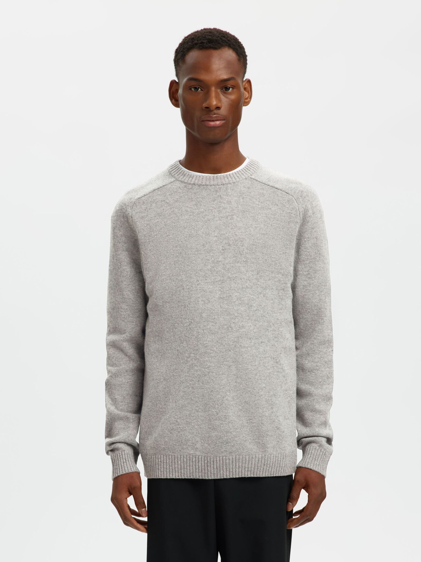 CREW NECK KNITTED JUMPER, Medium Grey Melange, highres
