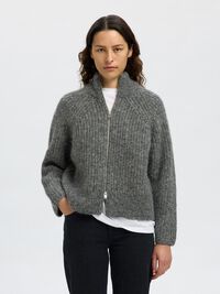 WOOL BLEND ZIP-FRONT CARDIGAN, Medium Grey Melange, highres