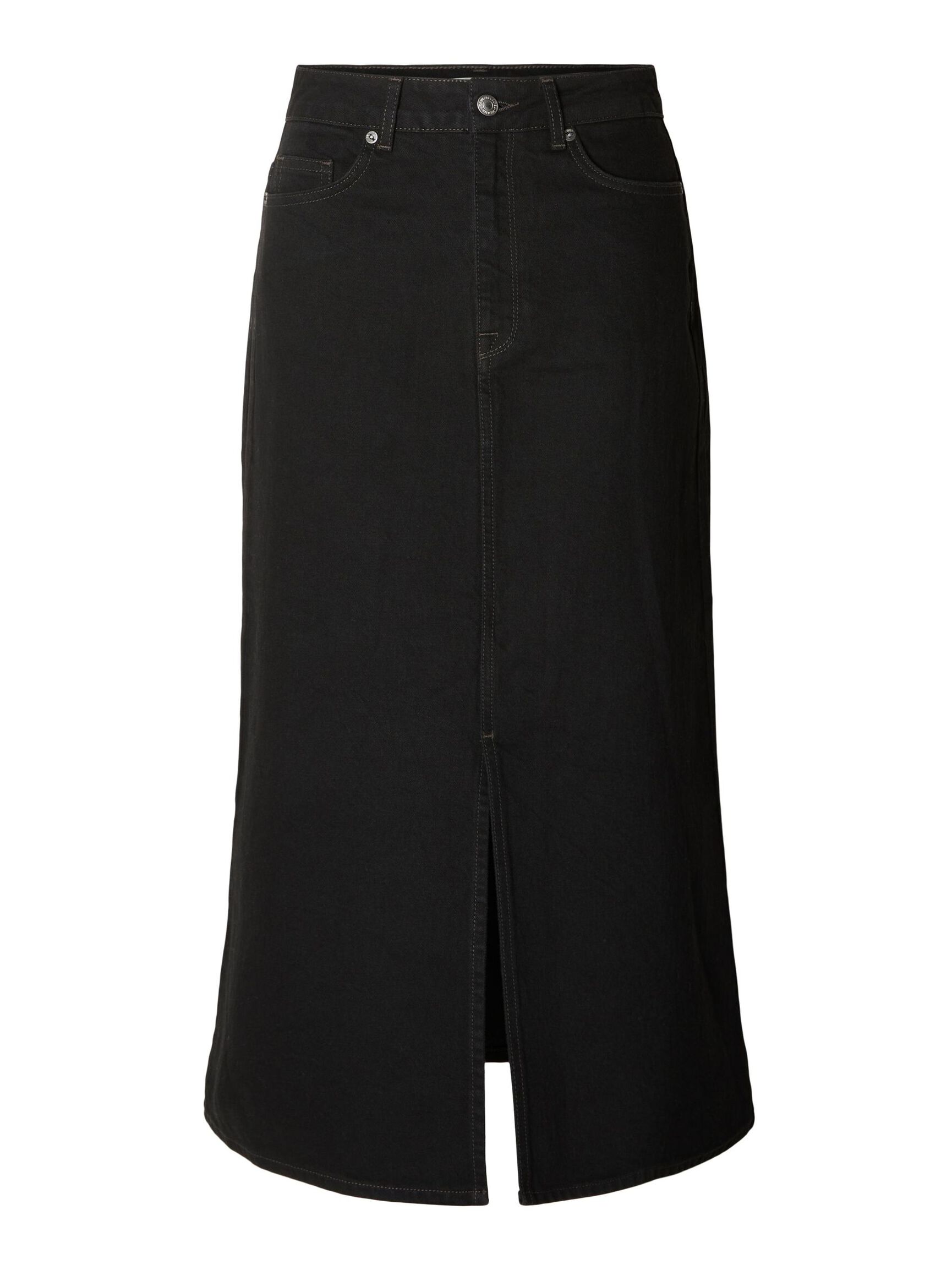 TELA VAQUERA NEGRA FALDA MIDI, Black Denim, highres