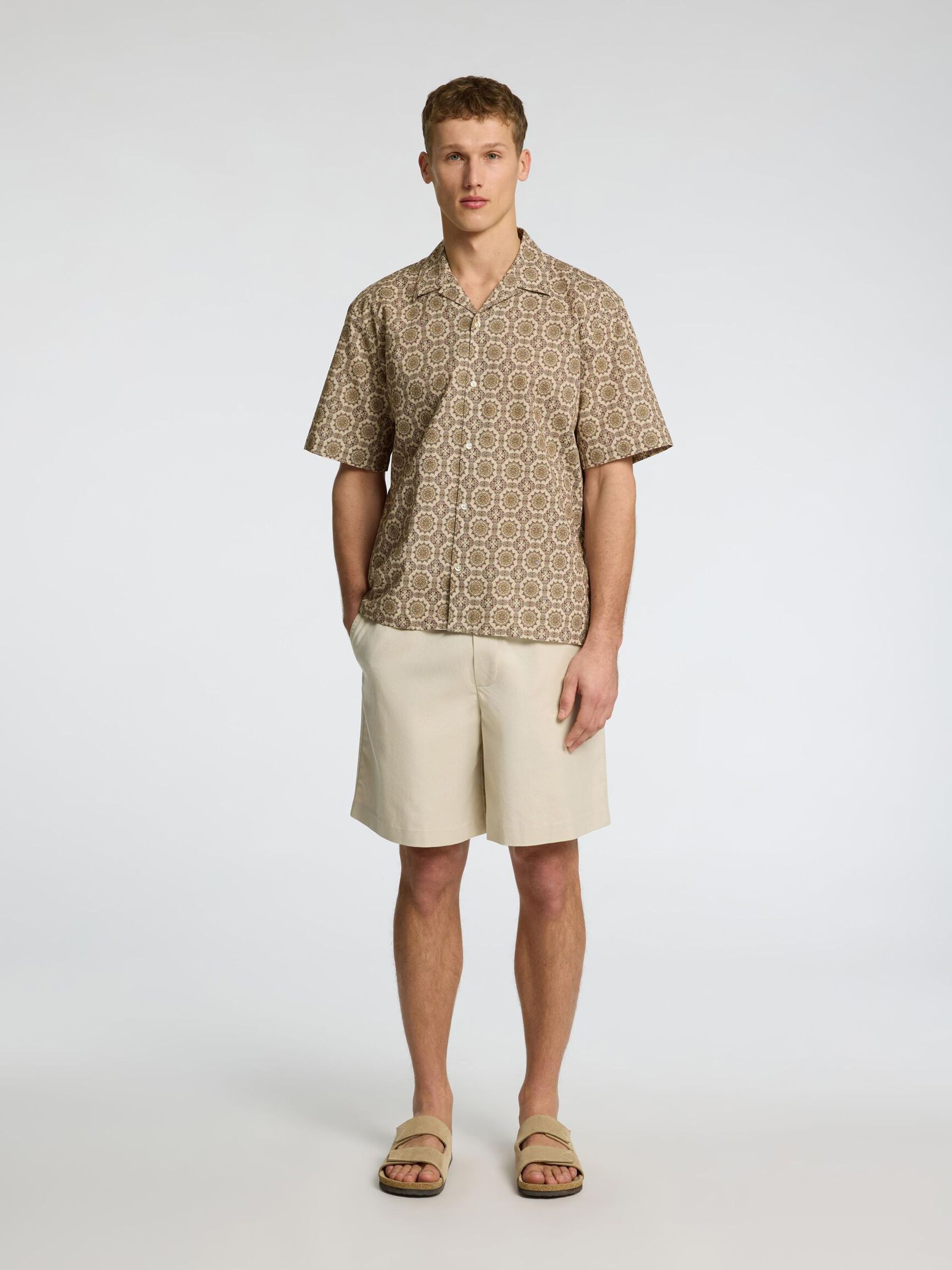LINEN BLEND SHORT SLEEVED SHIRT, Oatmeal, highres