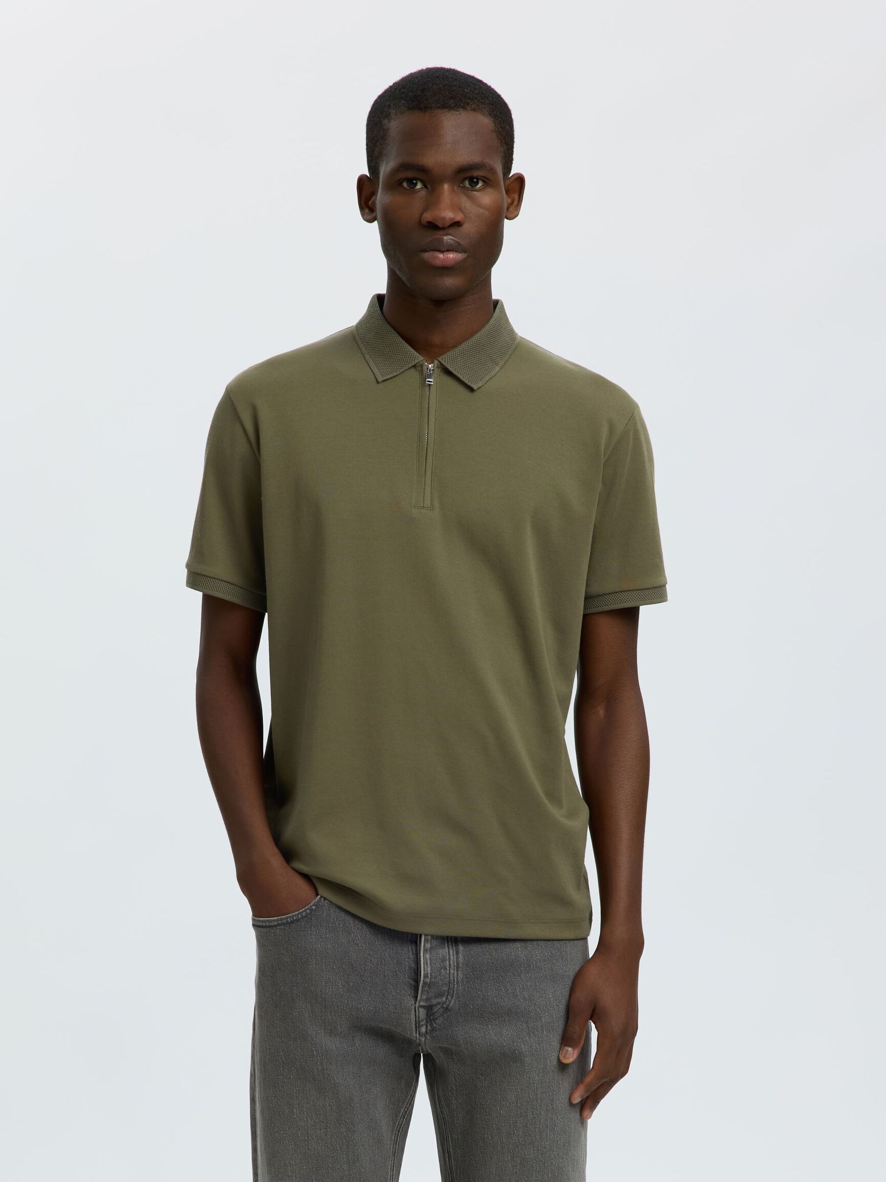 ZIPPER KNITTED POLO SHIRT, Kalamata, highres