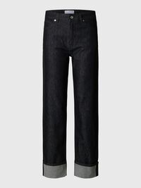 FOLD UP CUFFS STRAIGHT FIT JEANS, Black Denim, highres
