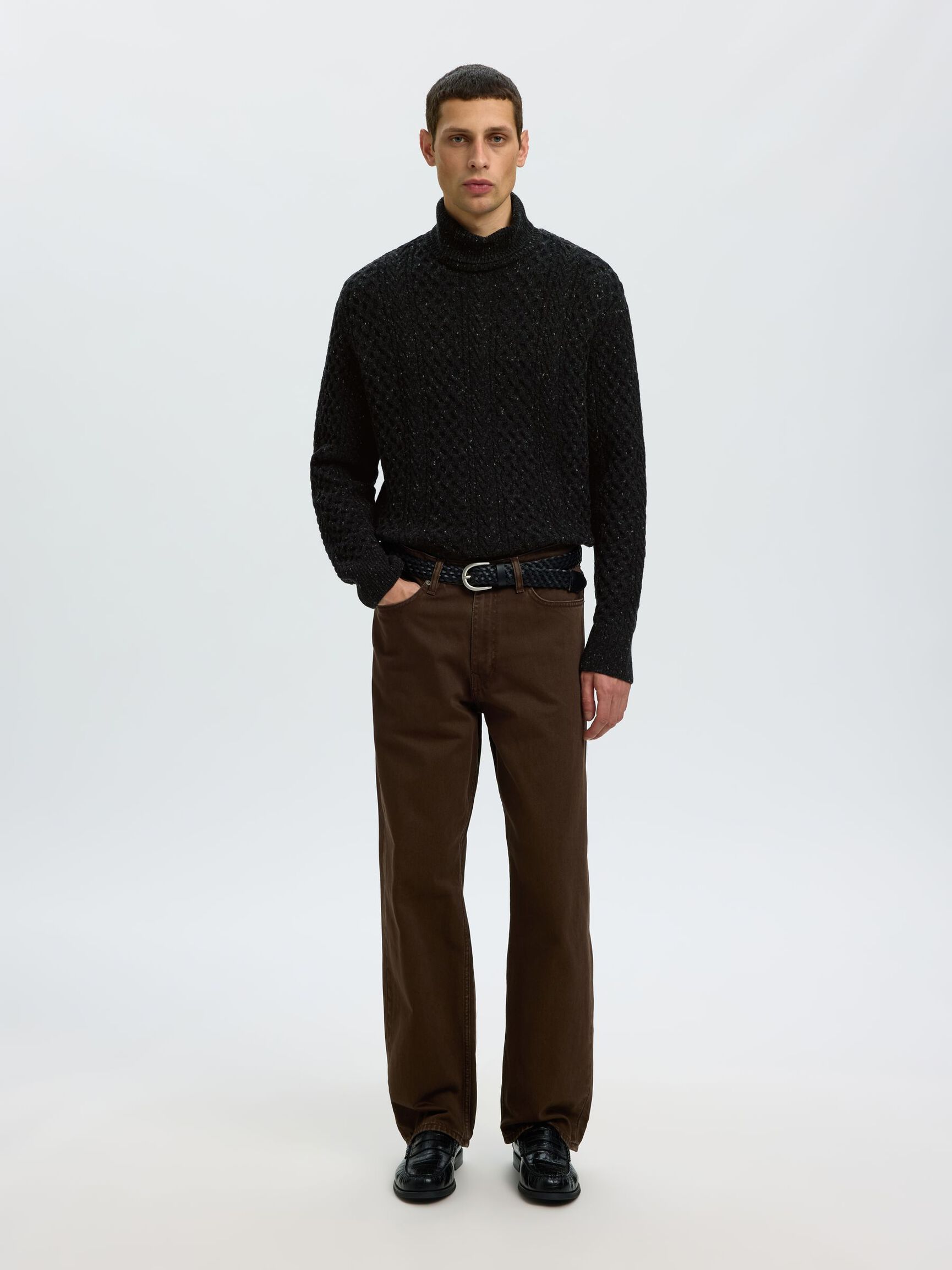 CABLE KNIT TURTLENECK, Black, highres