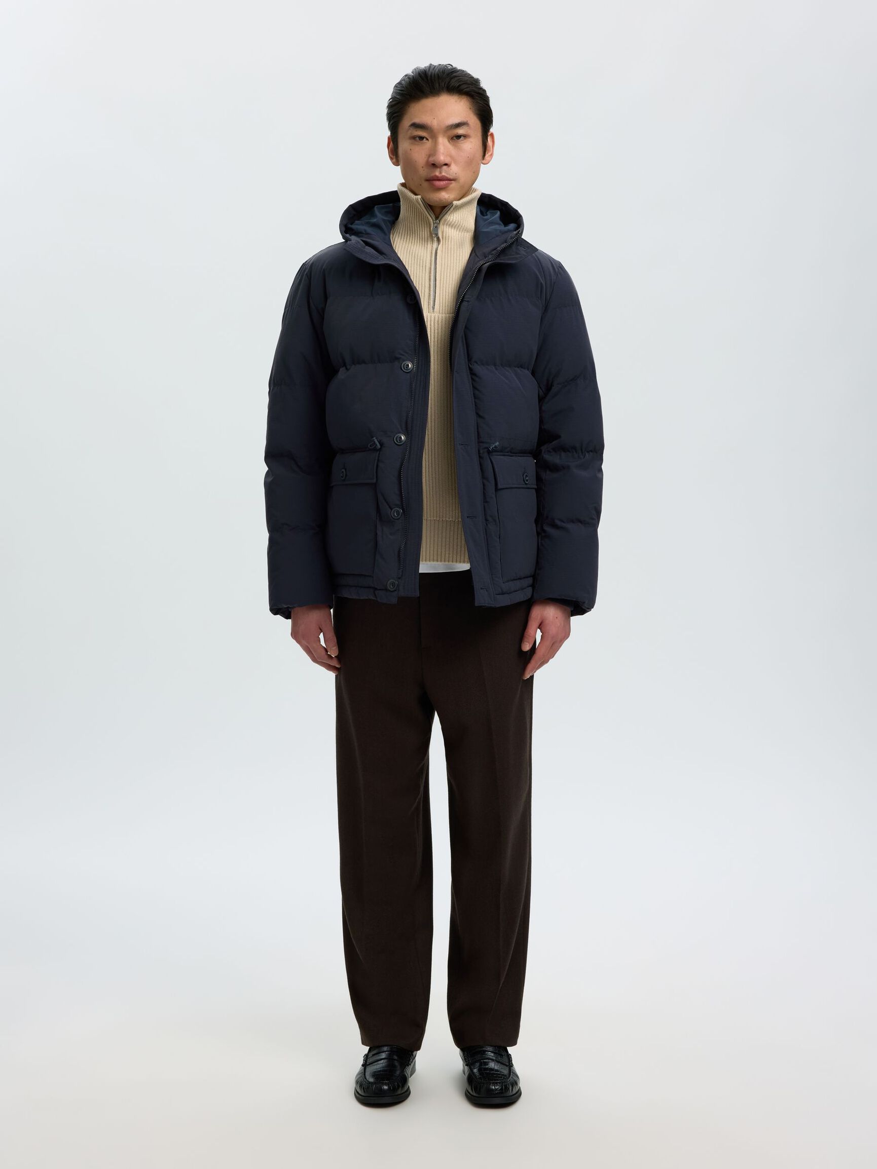 ADJUSTABLE WAIST PUFFER JACKET, Sky Captain, highres
