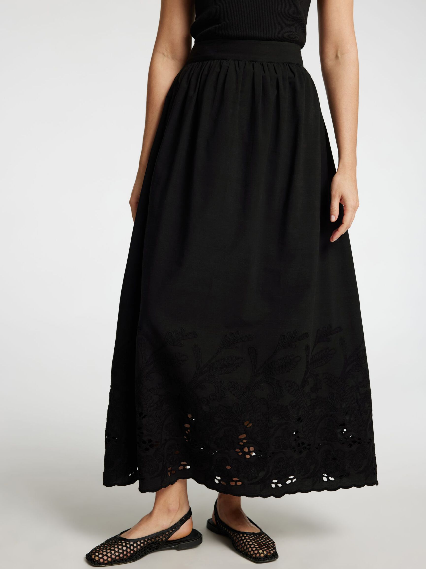 BRODERIE ANGLAISE MAXI SKIRT, Black, highres
