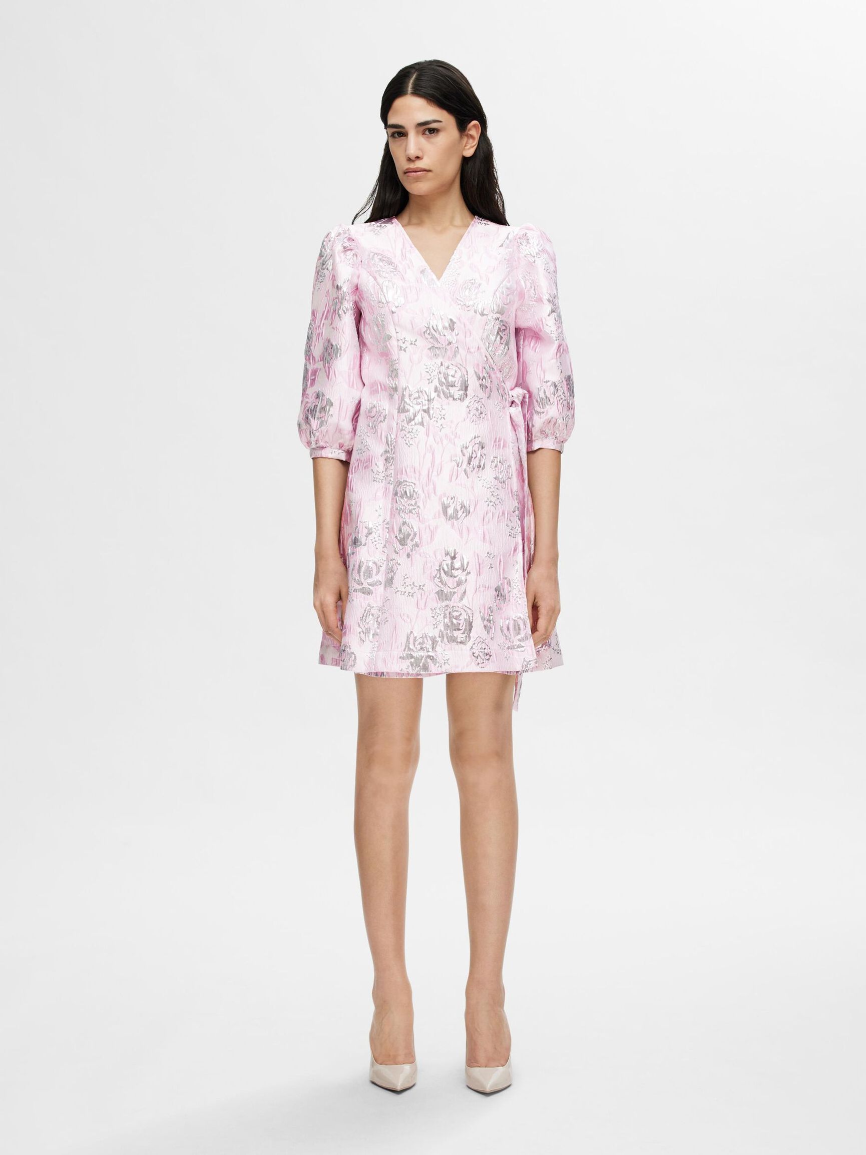 FLORAL JACQUARD WRAP DRESS, Cradle Pink, highres