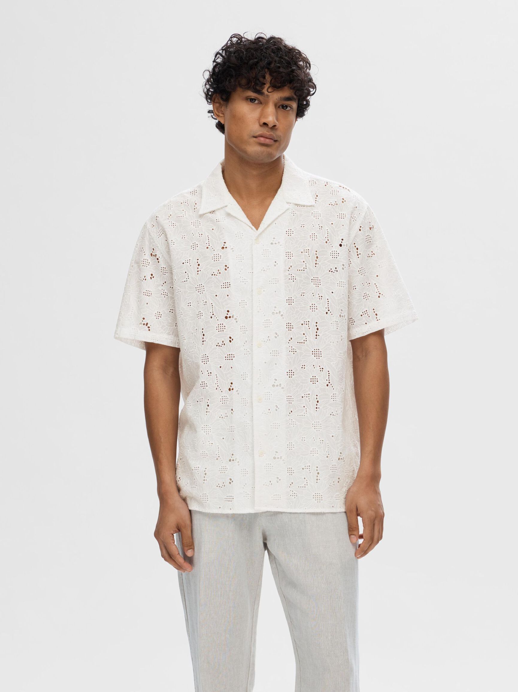 BRODERIE ANGLAISE OVERHEMD MET KORTE MOUWEN, Bright White, highres