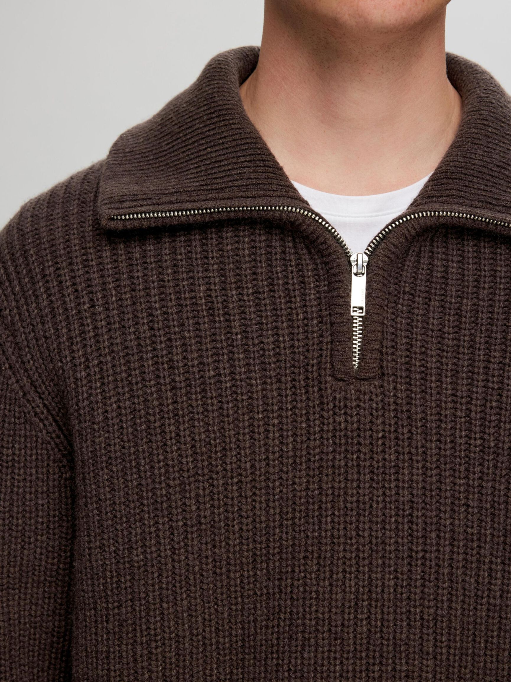 WOLLGEMISCH STRICK HALF-ZIP PULLOVER, Chocolate Torte, highres