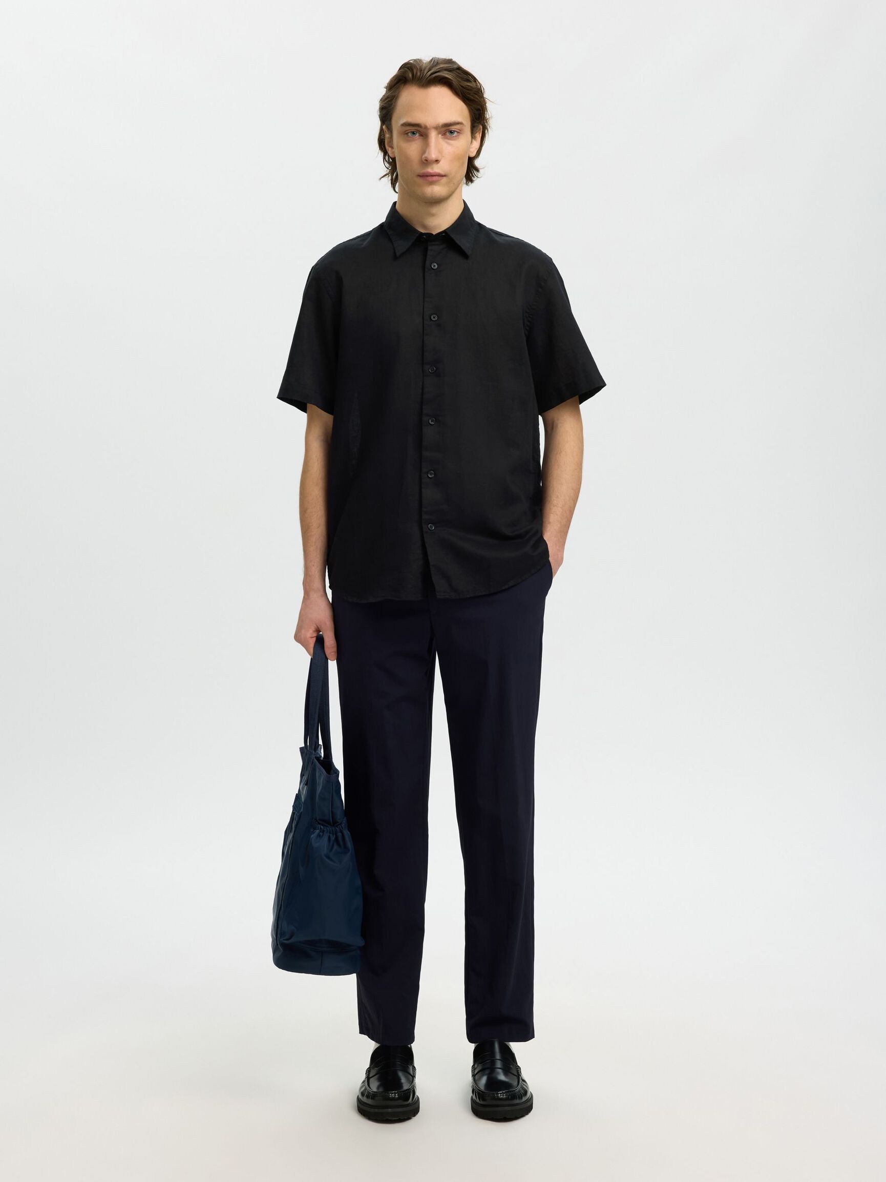 REGULAR FIT LINEN-BLEND SHIRT, Black, highres