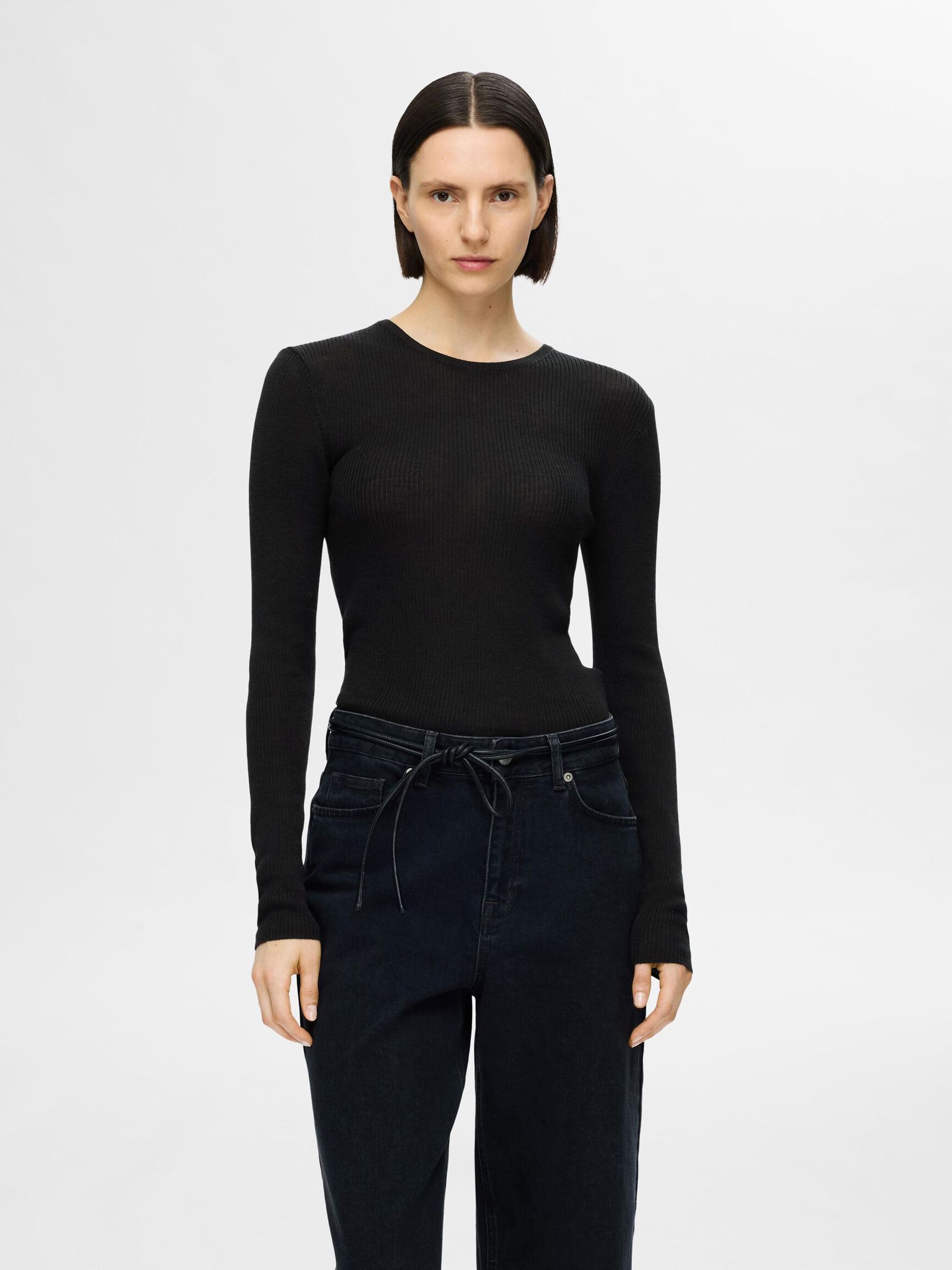 WOOL BLEND LONG SLEEVED TOP, Black, highres