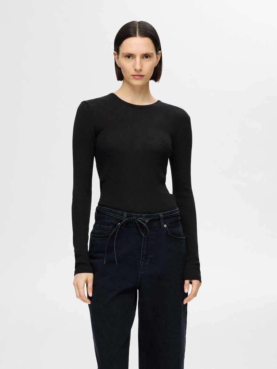 Selected WOOL BLEND LONG SLEEVED TOP, Black, highres - 16094726_Black_003.jpg