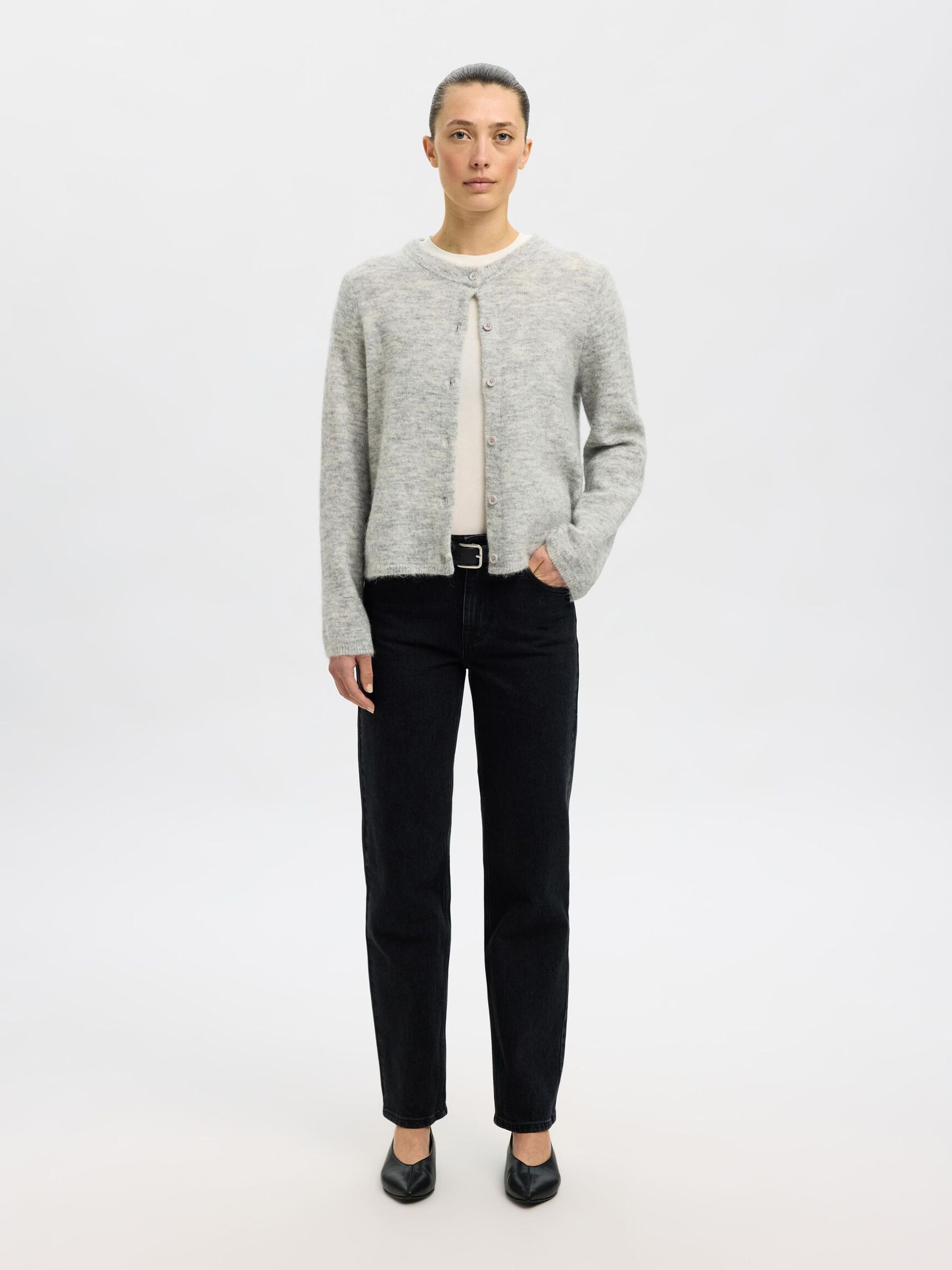 WOOL BLEND KNITTED CARDIGAN, Light Grey Melange, highres