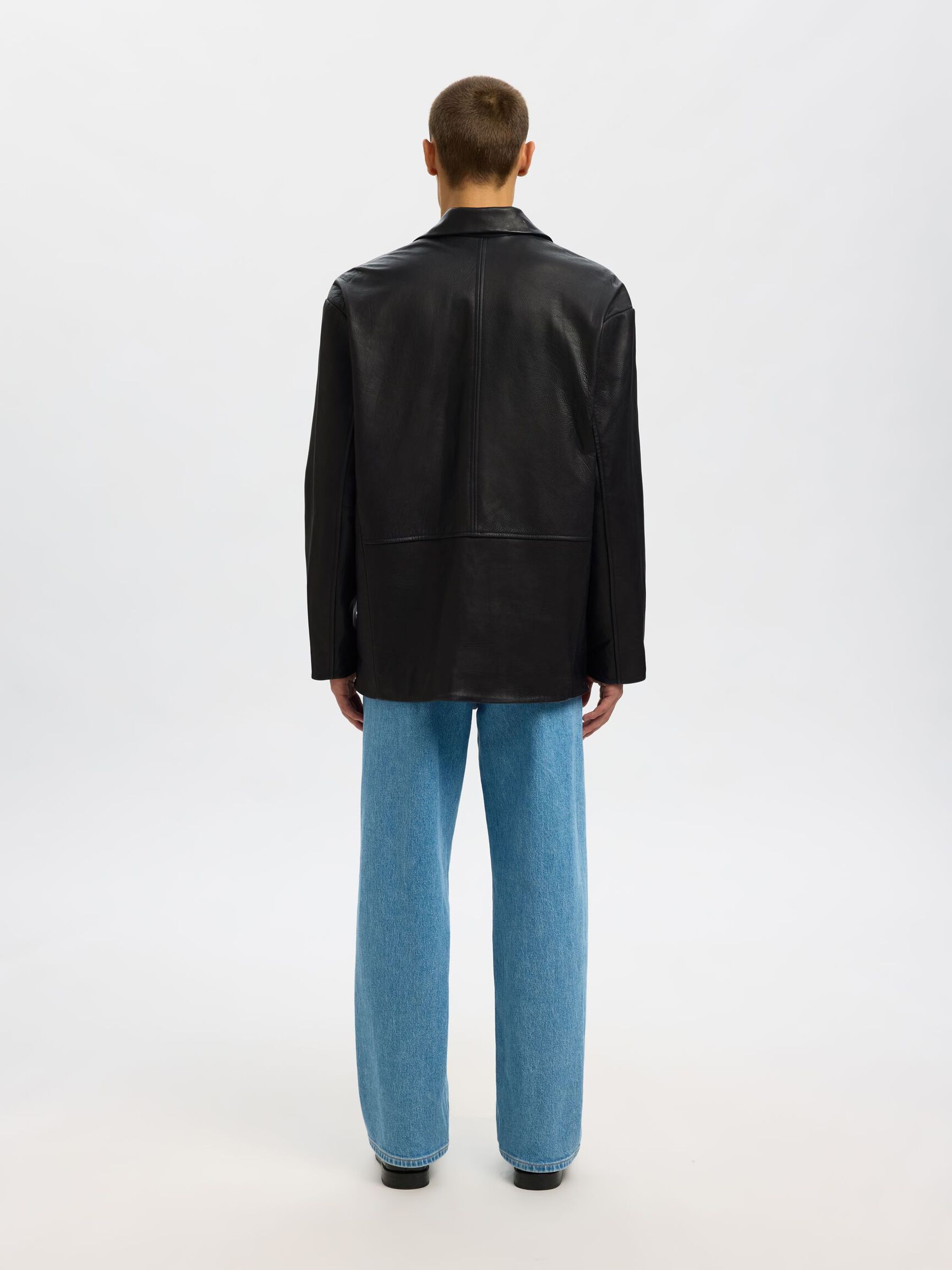 100% LEATHER BLAZER, Black, highres