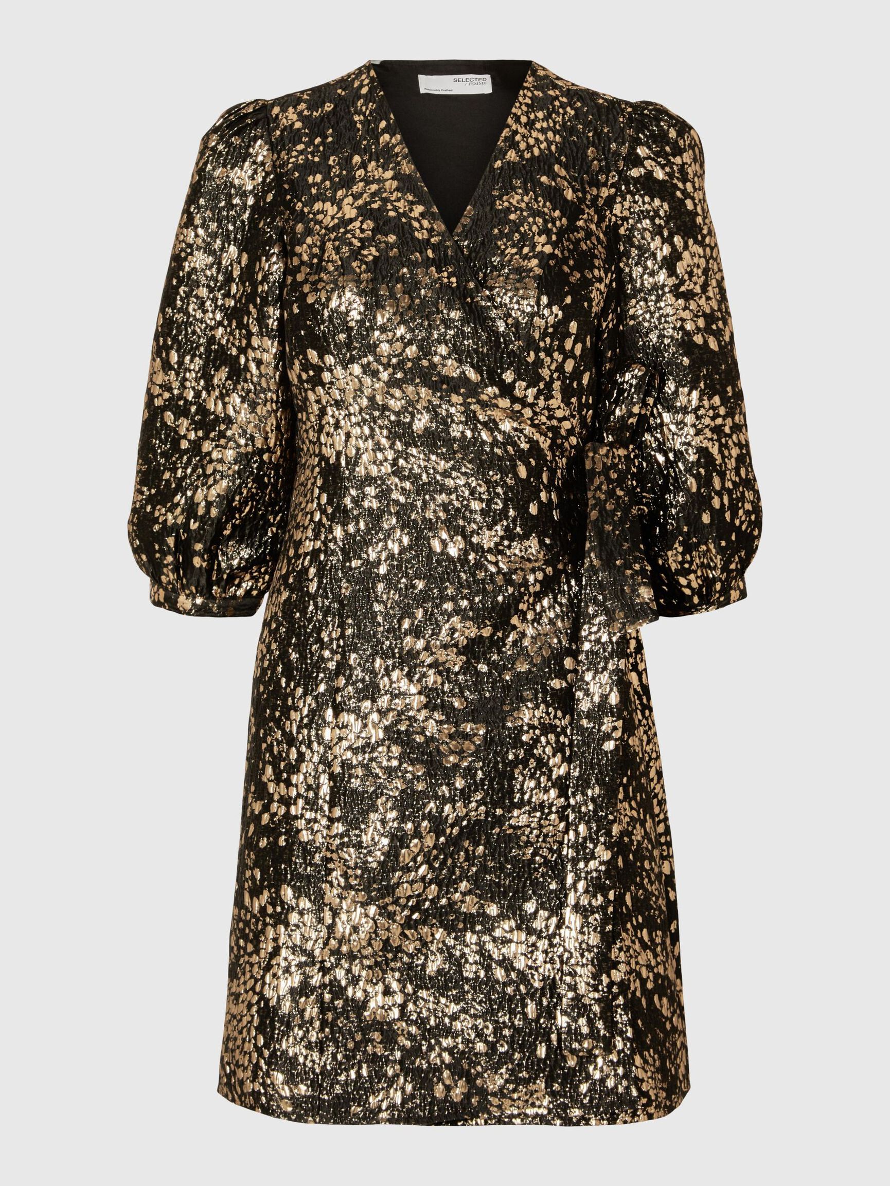 METALLISK JACQUARD KORT KLÄNNING, Gold Colour, highres