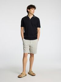 COTTON BLEND SPLIT NECK POLO SHIRT, Black, highres