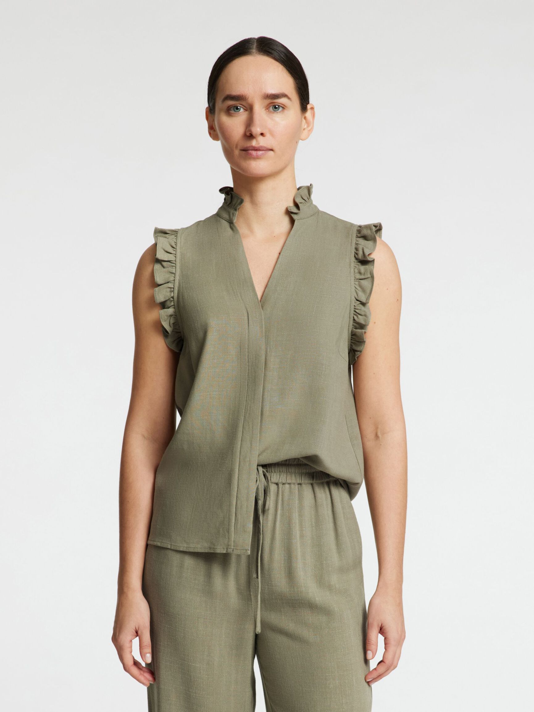 SLEEVELESS RUFFLE DETAIL TOP, Vetiver, highres