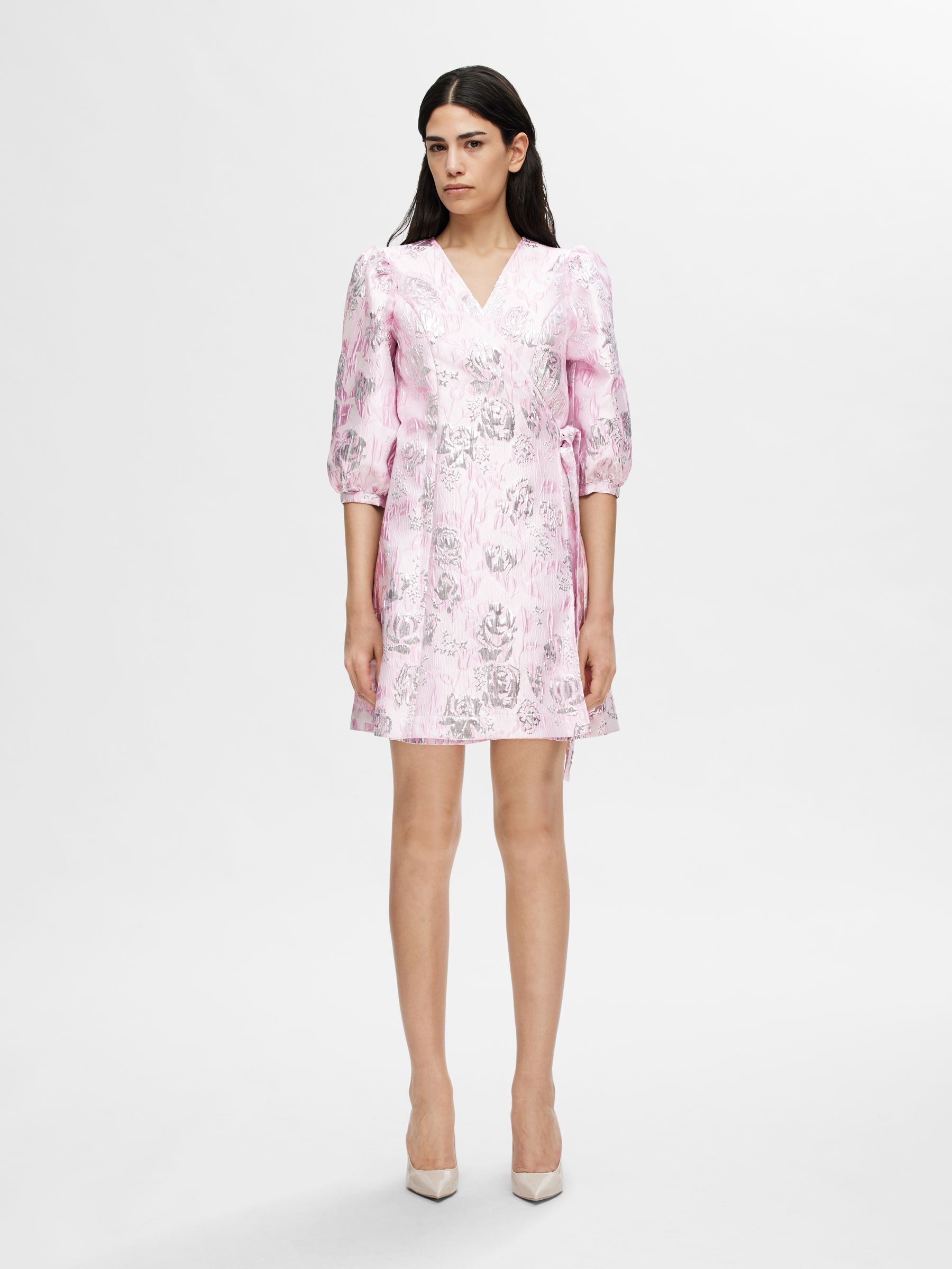 FLORAL JACQUARD WRAP DRESS, Cradle Pink, highres