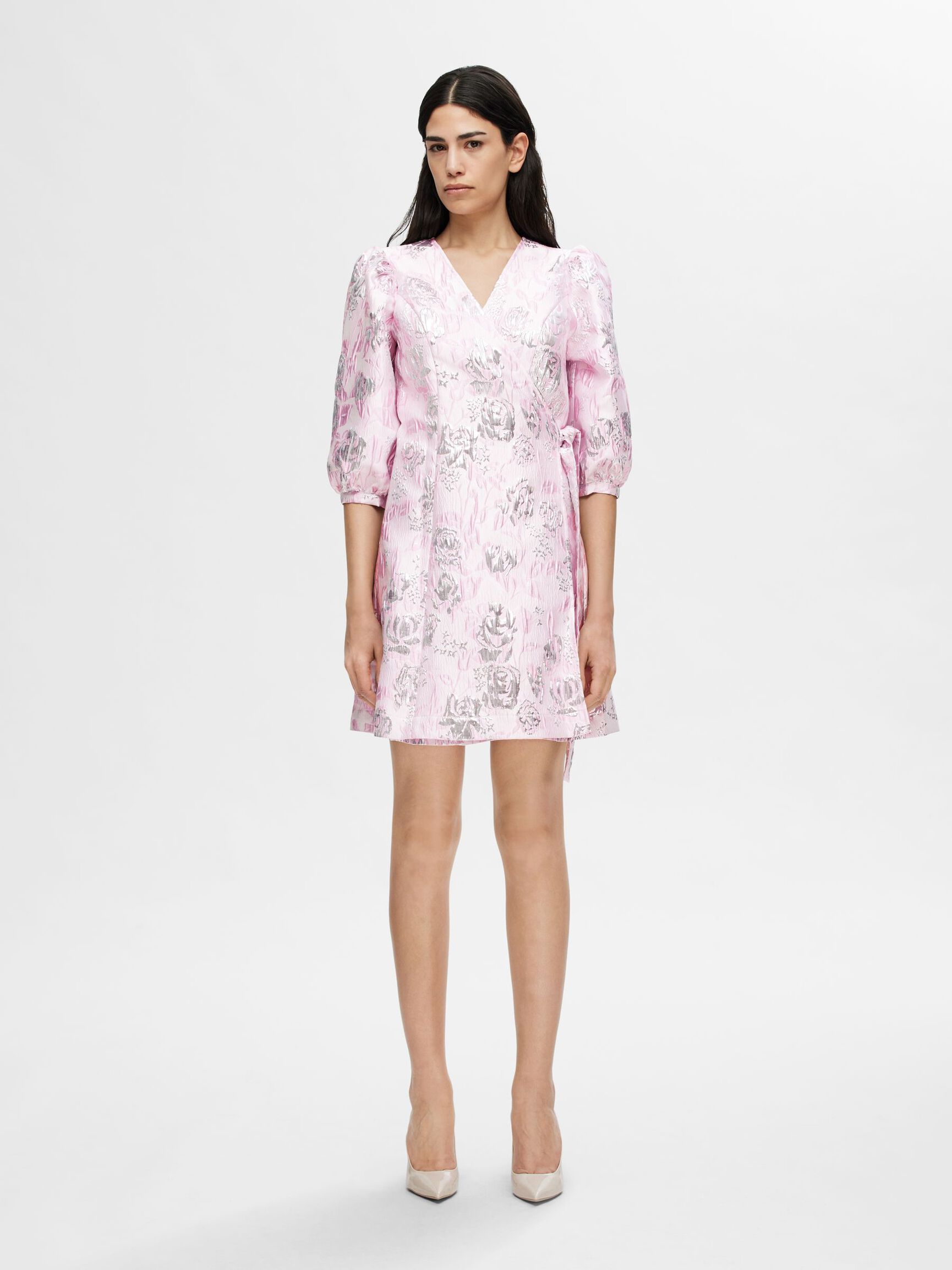 FLORAL JACQUARD WRAP DRESS, Cradle Pink, highres