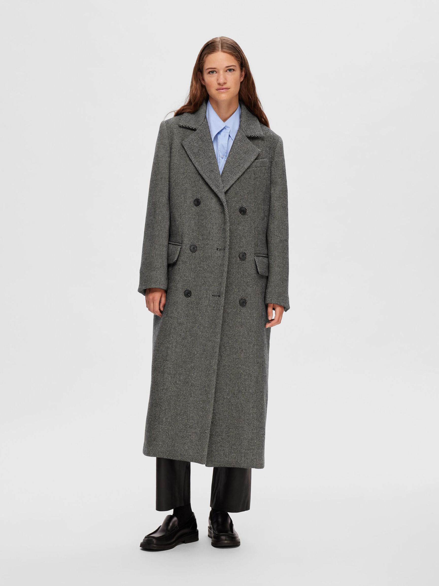 DOUBLE-BREASTED WOOL BLEND COAT, Black, highres