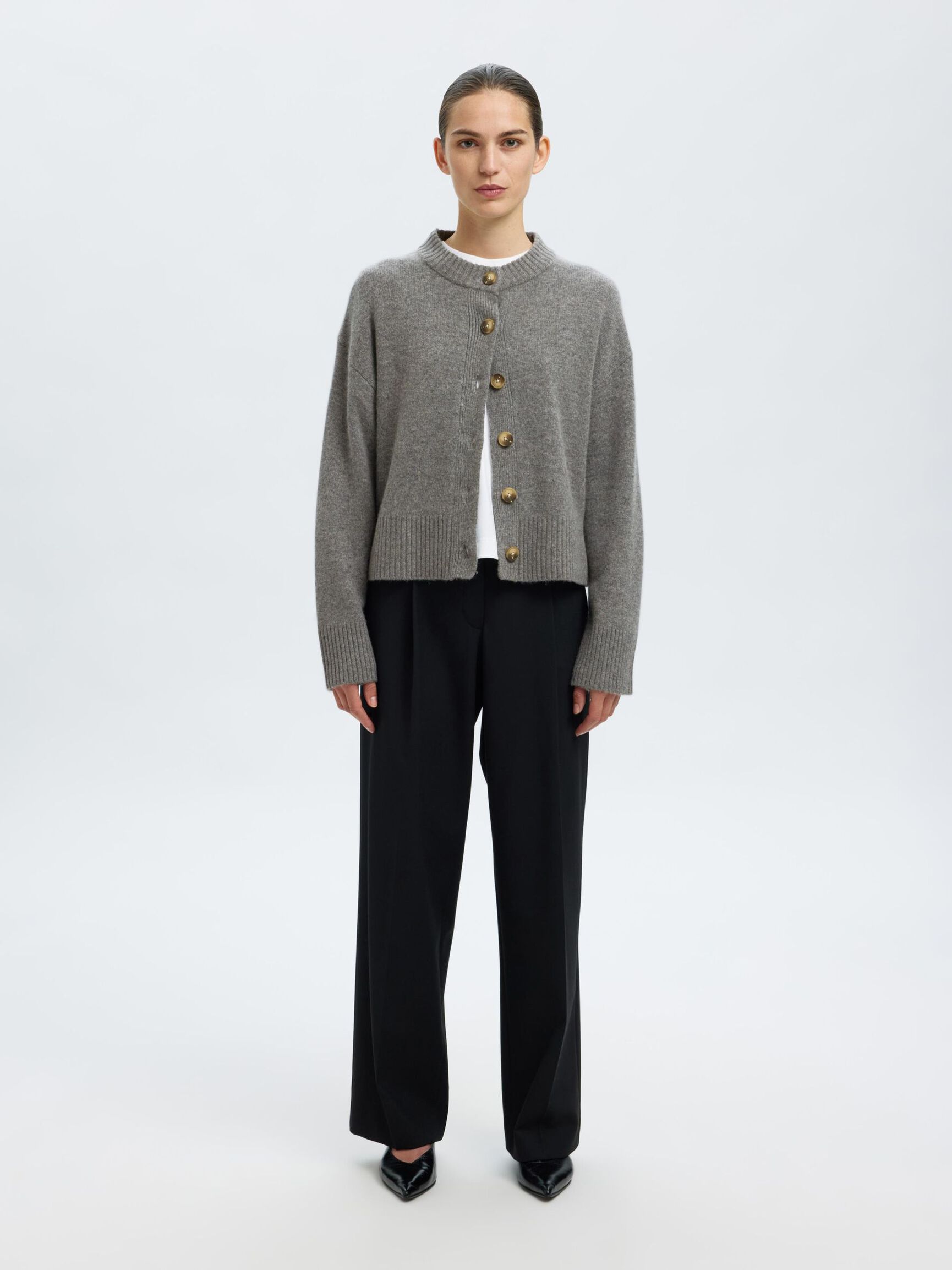 WOLL-KASCHMIR-MIX STRICKJACKE, Medium Grey Melange, highres