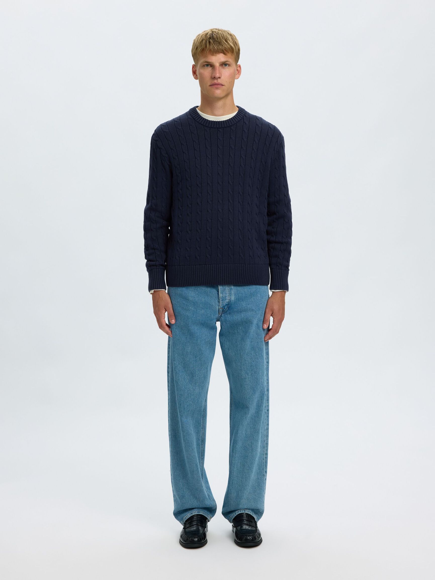 CABLE KNIT PULLOVER, Navy Blazer, highres