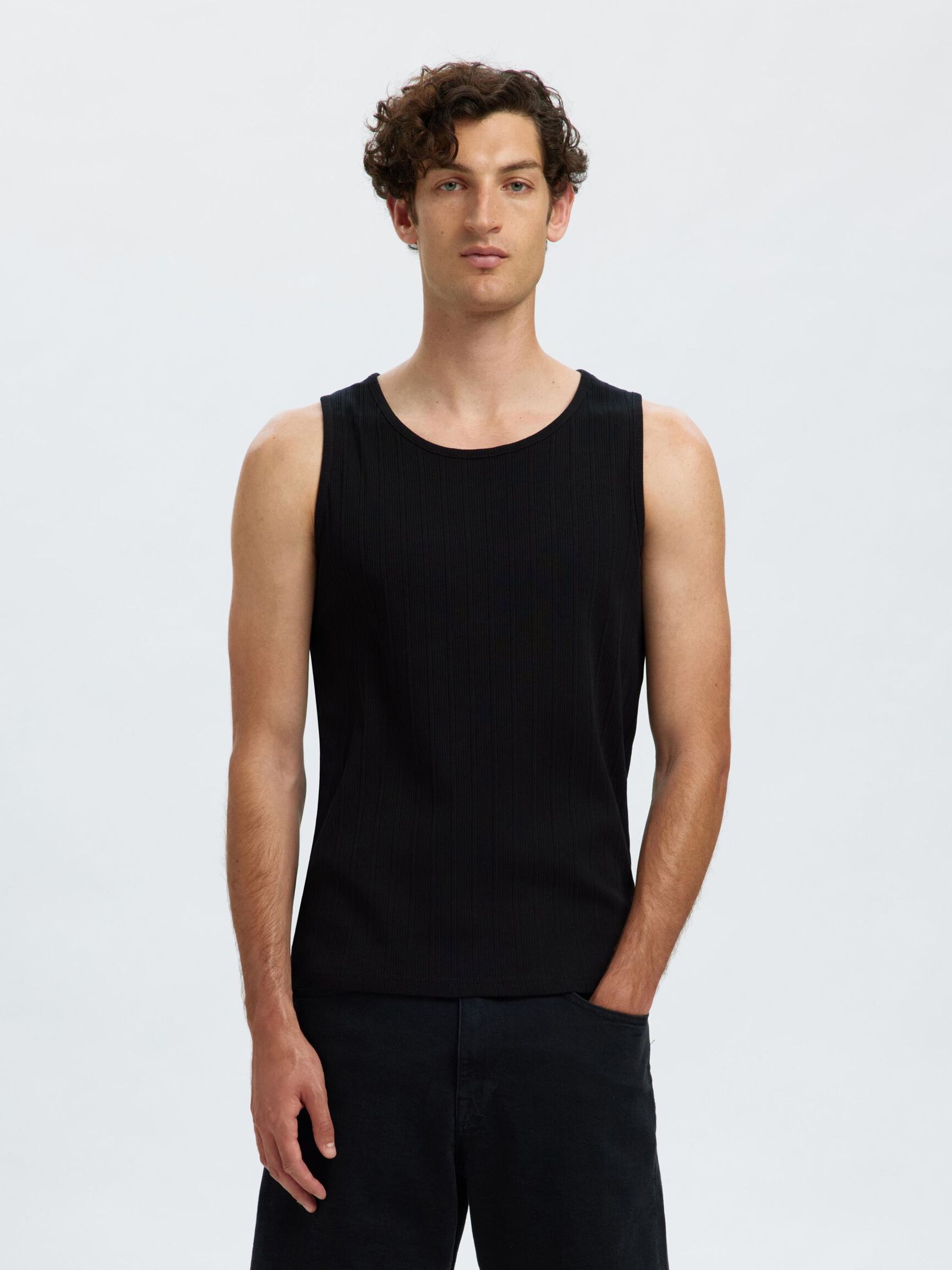 RIBBED COTTON TANK TOP, Black, highres