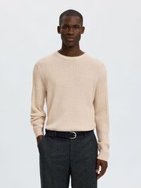 100% MERINO WOOL KNITTED PULLOVER, Oatmeal, highres