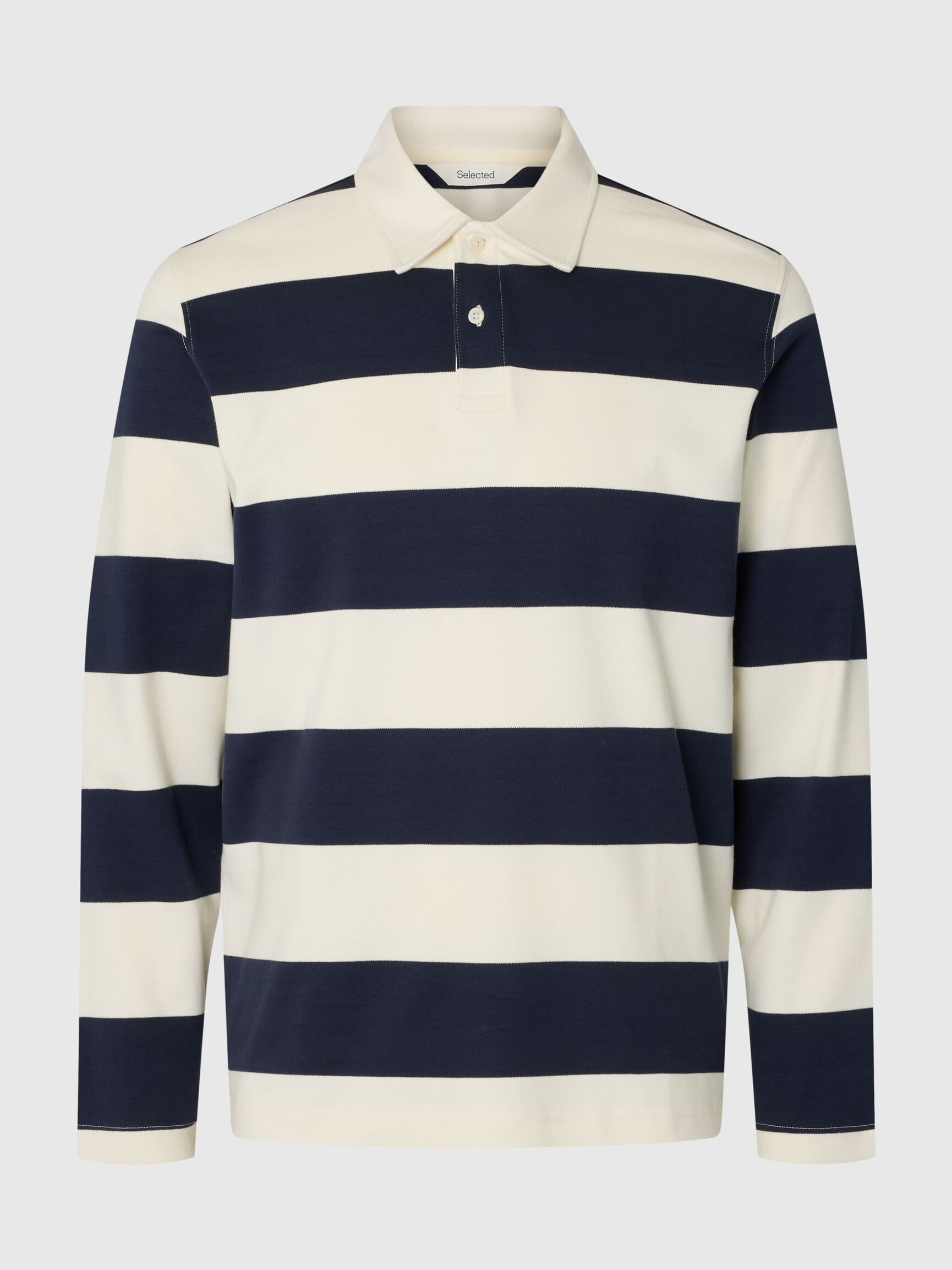 STRIPED COTTON LONG-SLEEVED POLO, Navy Blazer, highres