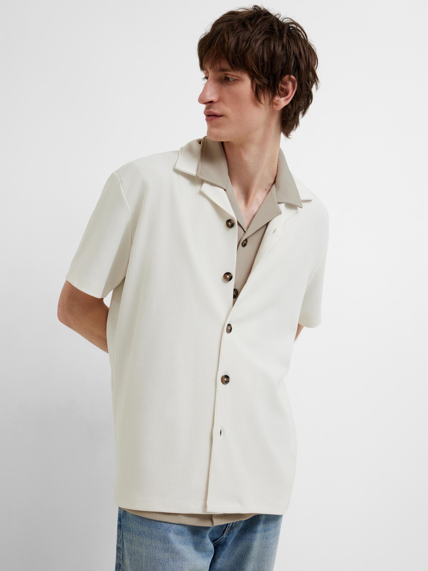 RIBBED CUBAN COLLAR SHORT SLEEVED SHIRT, Pure Cashmere, highres