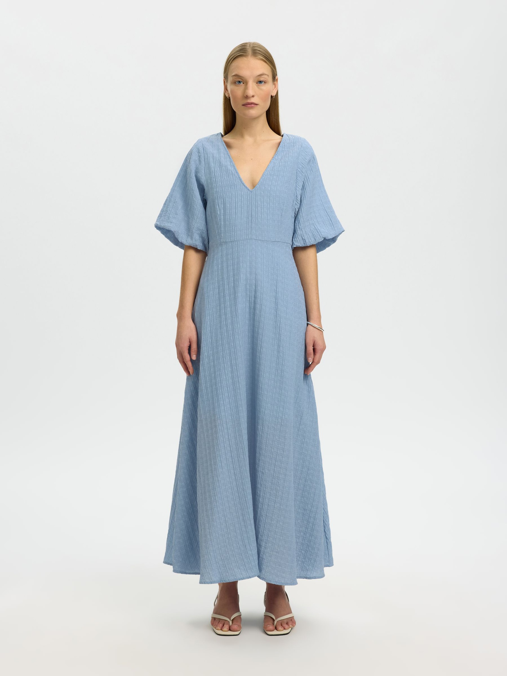 BALLOON SLEEVE MIDI DRESS, Dusty Blue, highres