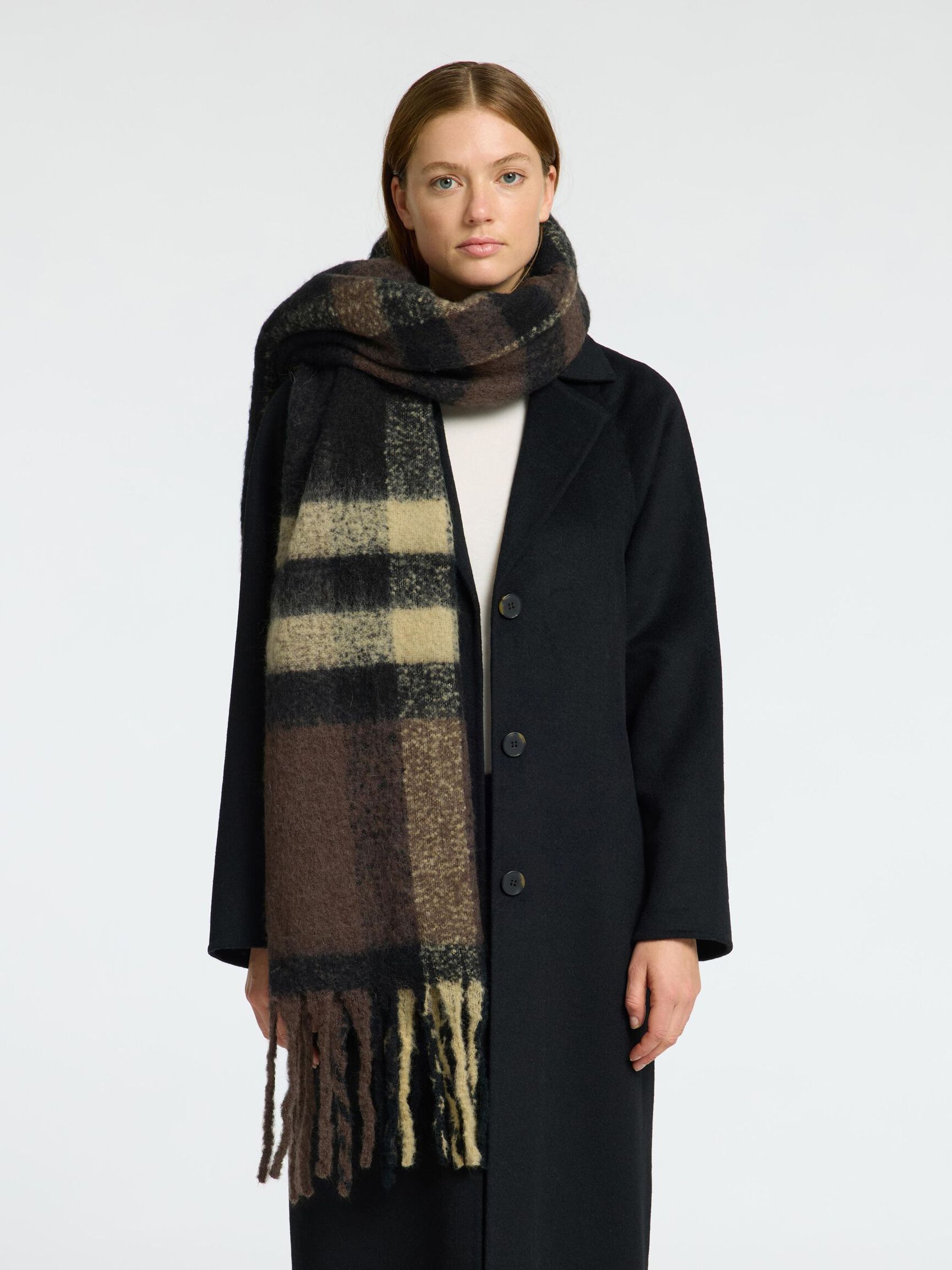 CHECKED WOOL BLEND SCARF, Coffee Bean, highres