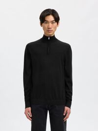 100% MERINO WOOL HALF-ZIP JUMPER, Black, highres