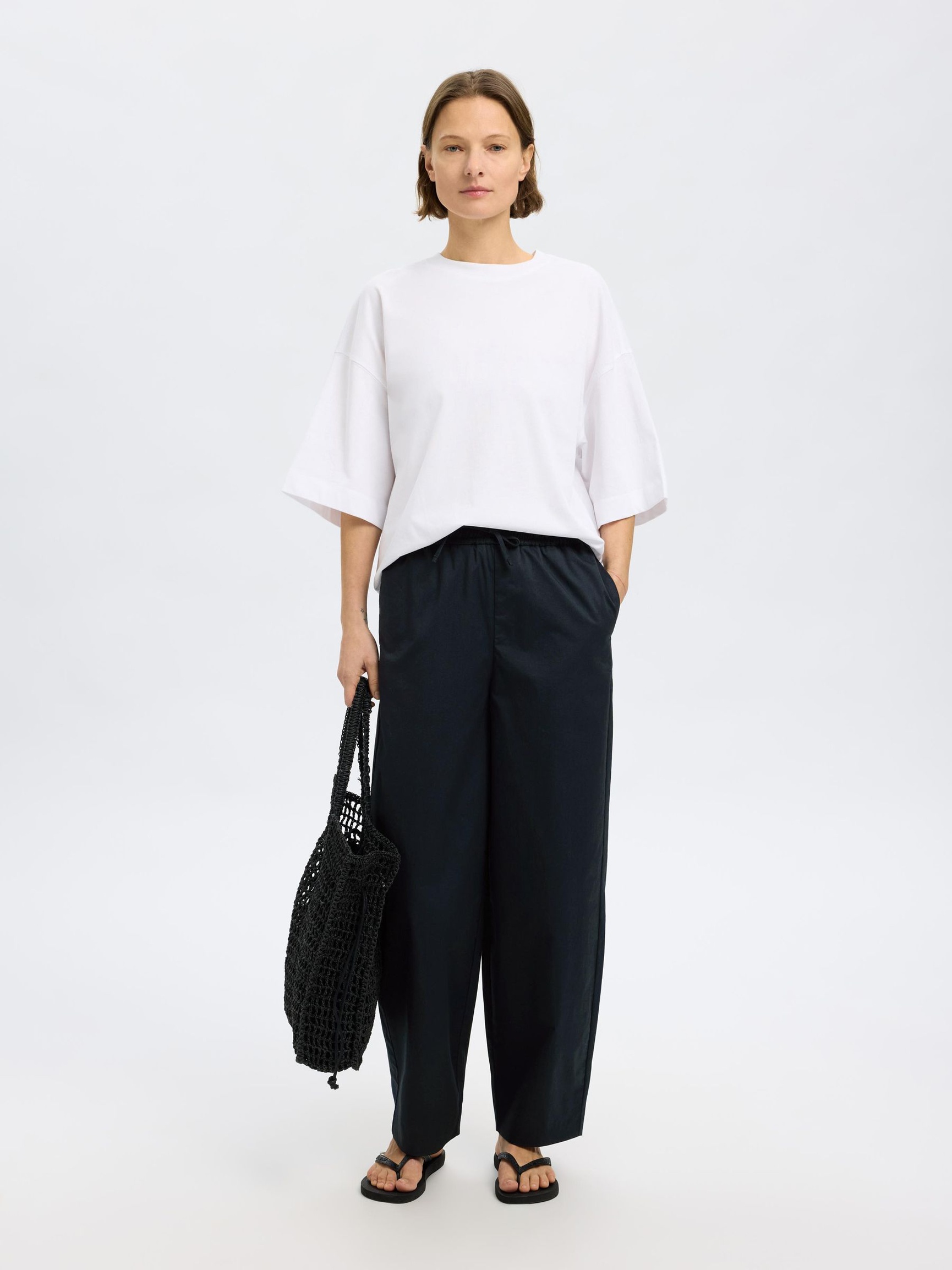 COTON PANTALONS BARREL, Black, highres