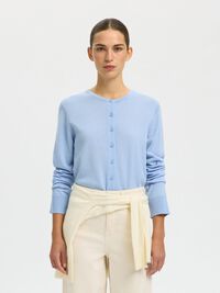 100% MERINO WOOL KNITTED CARDIGAN, Cashmere Blue, highres